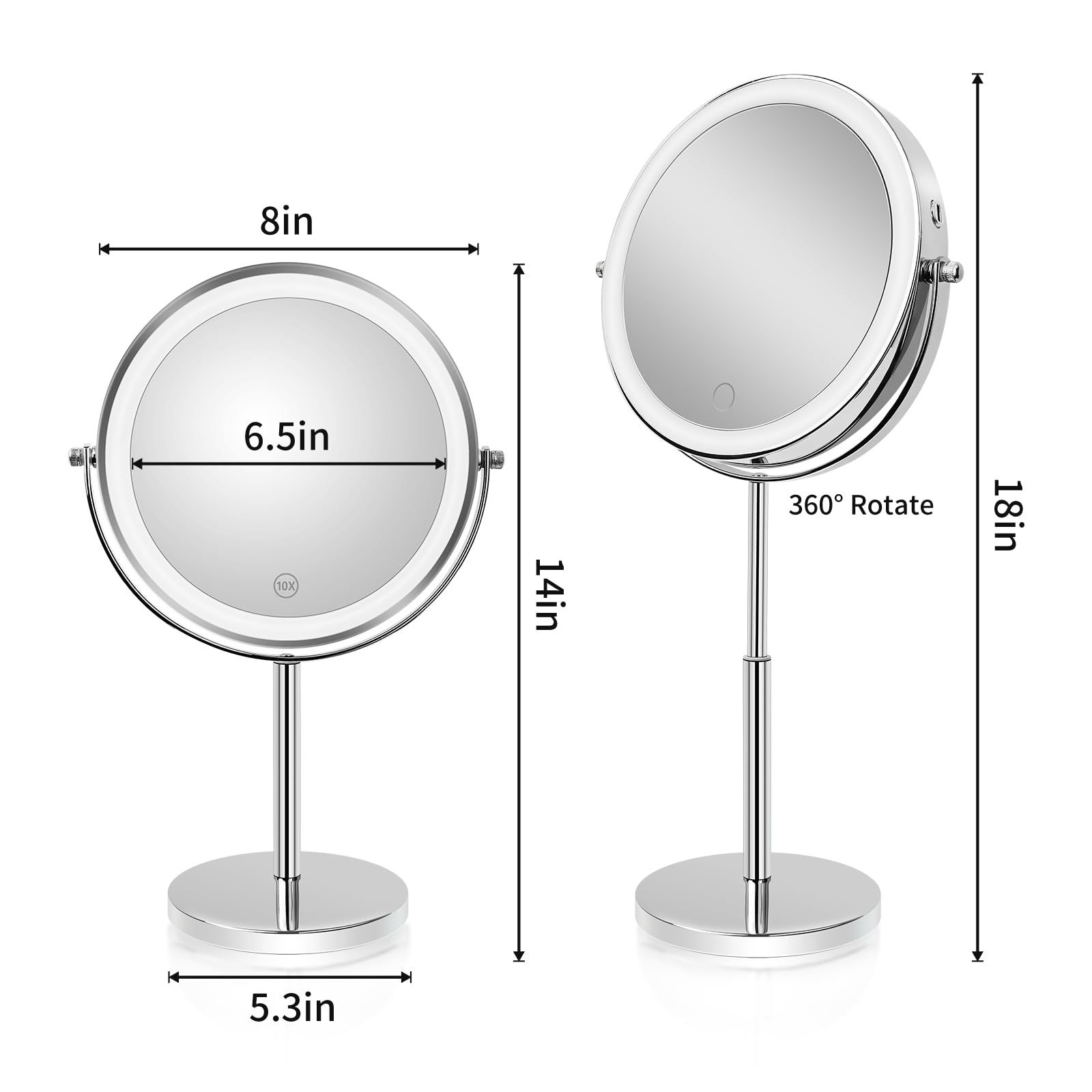 8   Large Makeup Mirror with Lights,1X/10X Rechargeable True Height Adjustable HD Magnifying Mirror with 3 Color Dimmable Lights