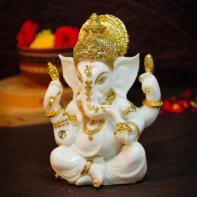 Ekhasa Aura Series Marble Dust Ganesha Idol (5 Inch) | Gold Plated Ganesh Murti For Pooja Room, Home Decor, Office Desk | Resin