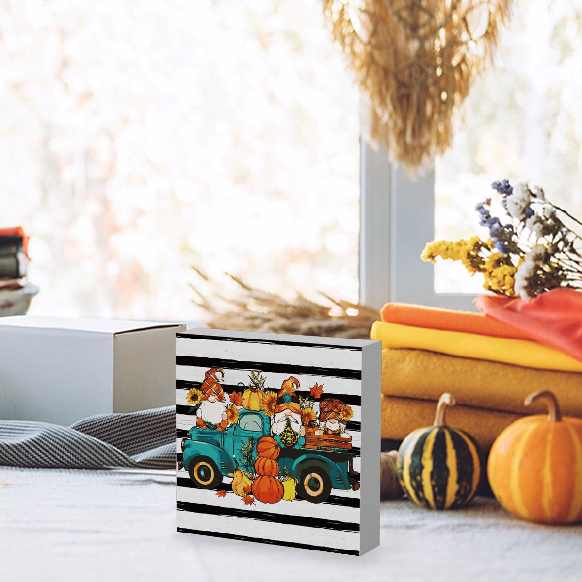 Rustic Fall Gnomes Truck Pumpkin Sign Fall Decorations for Home Office Indoor Fall Desk Decor for Bathroom Bedroom Autumn Thansg