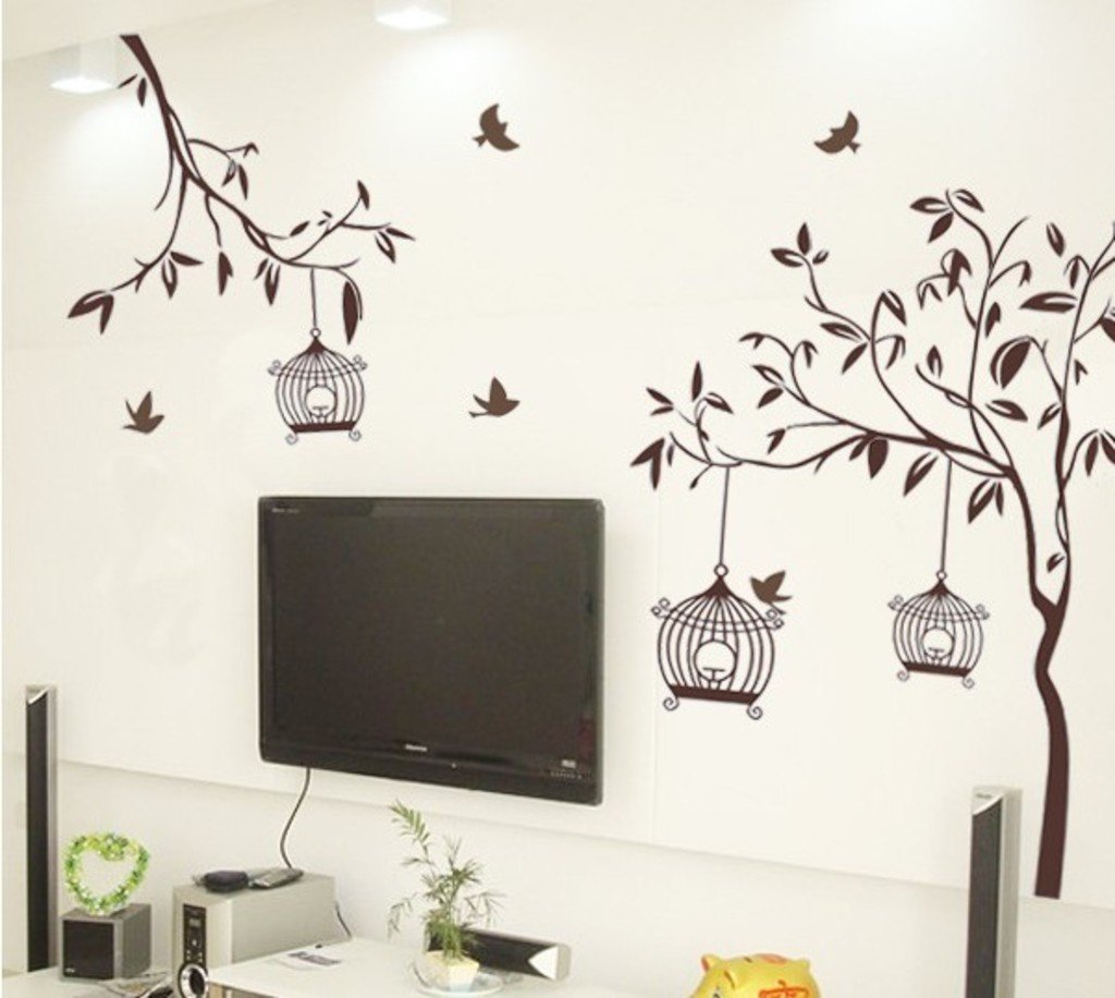 Decals Design Stickerskart Wall Stickers Tree With Birds And Cages (Wall Covering Area: 140X110Cm,Product Dimensions: 50X70Cm)