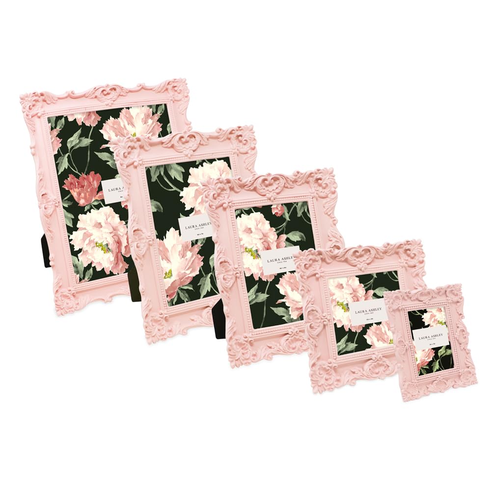 Laura Ashley 2x3 Pink Ornate Textured Hand-Crafted Resin Picture Frame with Easel, for Tabletop & Wall Display, Decorative Flora