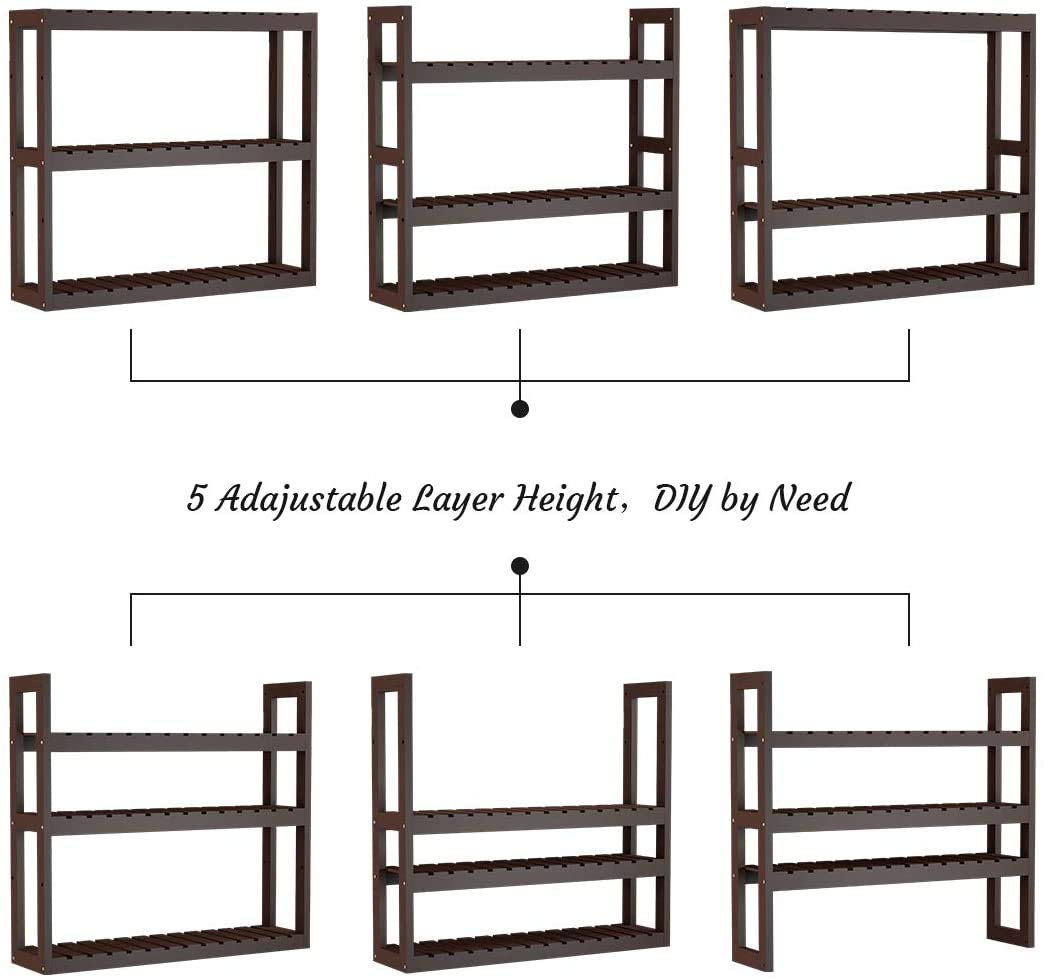 Domax Bamboo Bathroom Shelf 3-Tier Wall Mount Storage Rack Multifunctional Adjustable Layer Free Standing Over Toilet Utility Shelves Living Room Kitchen (Brown)