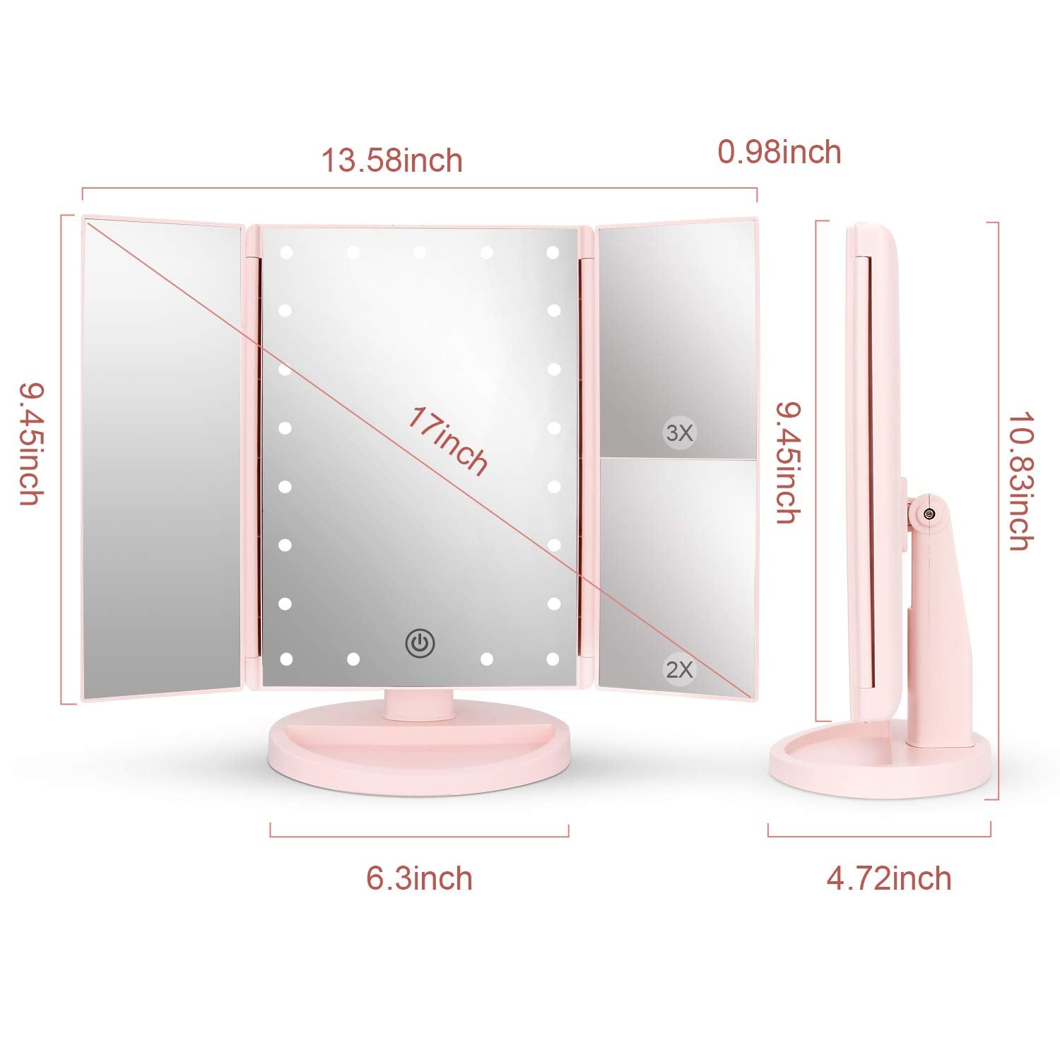 deweisn Tri-Fold Lighted Vanity Mirror with 21 LED Lights, 3X/2X/1X Magnification, Plastic, Pink, 10.83" H x 6