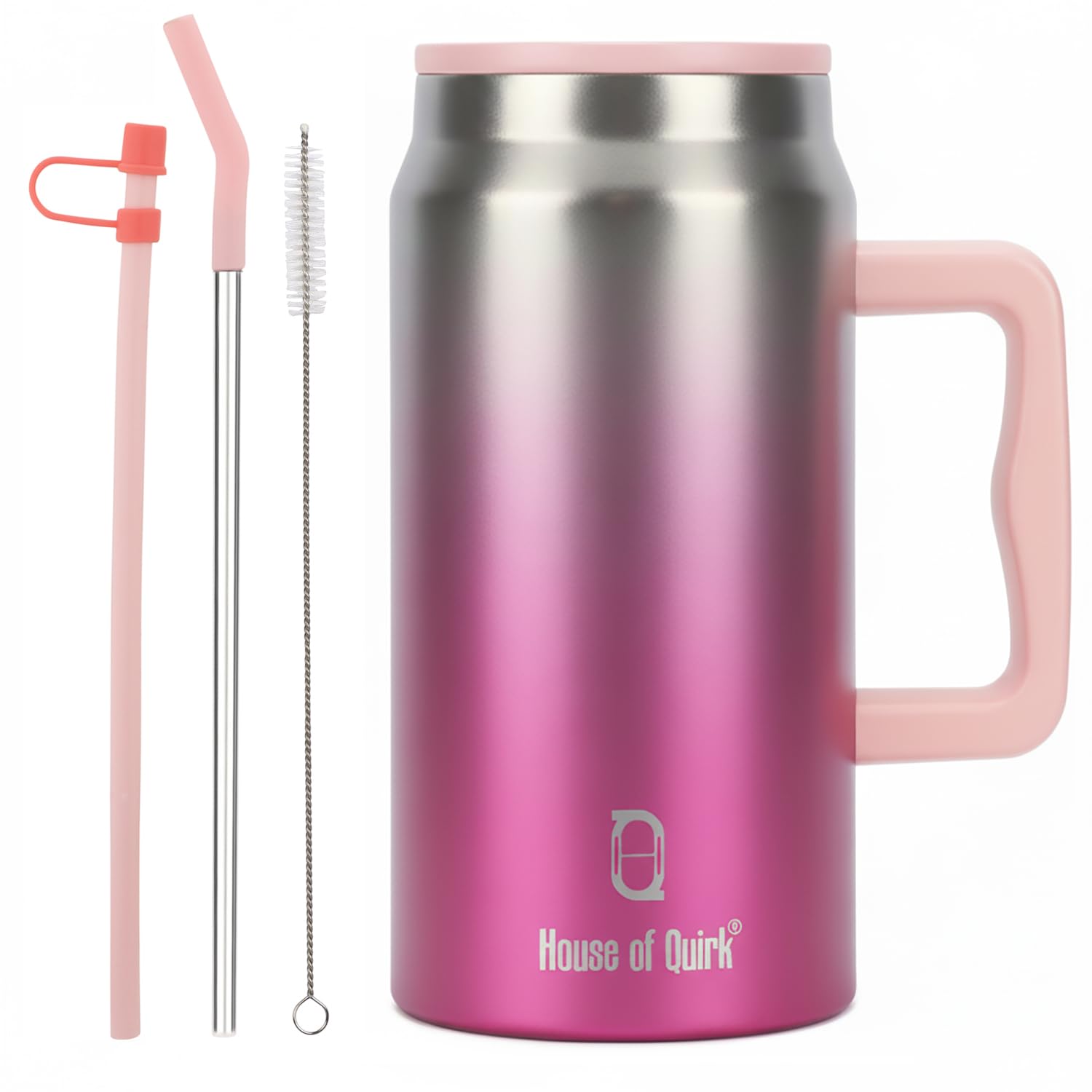 House Of Quirk 1500Ml Stainless Steel Mug Tumbler With Handle & Straw Lid - Large Water Bottle For Men & Women (Electric Pink)