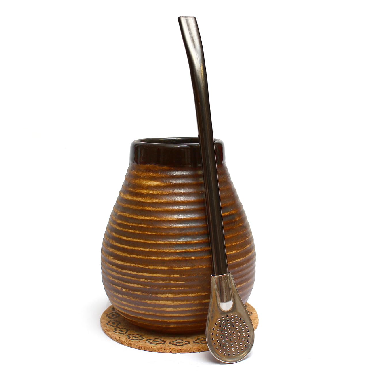 Mategreen Yerba Mate Tea Set - Ceramic Mate Mug 350 ml, Stainless Steel Bombilla 19 cm, Handmade Ceramic Calabash, Cork Pad
