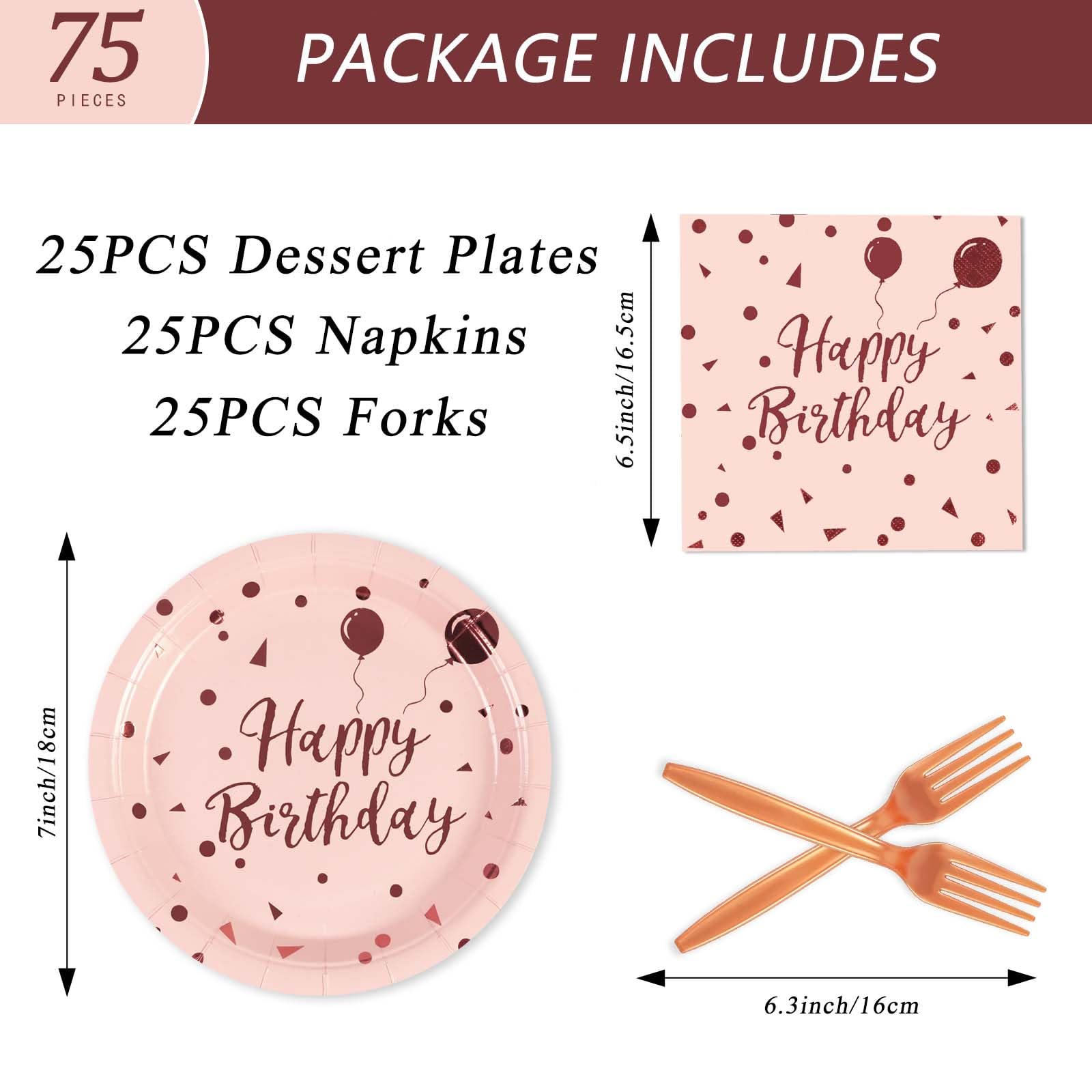 75Pcs Happy Birthday Paper Plates - 7 Inch Rose Gold Dot Paper Plates And 6.5 Inch Napkins With 6.3 Inch Gold Forks Disposable T