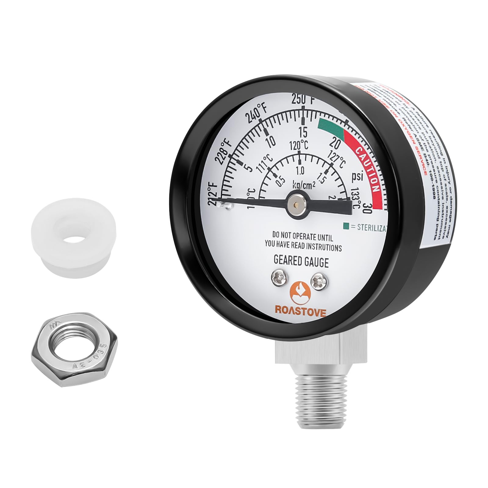 Roastove Cooker Gauge, Pressure Canner Gauge, Steam Pressure Gauge, 2 Dial, Lower Mount, Including Gasket, Washer And Nut