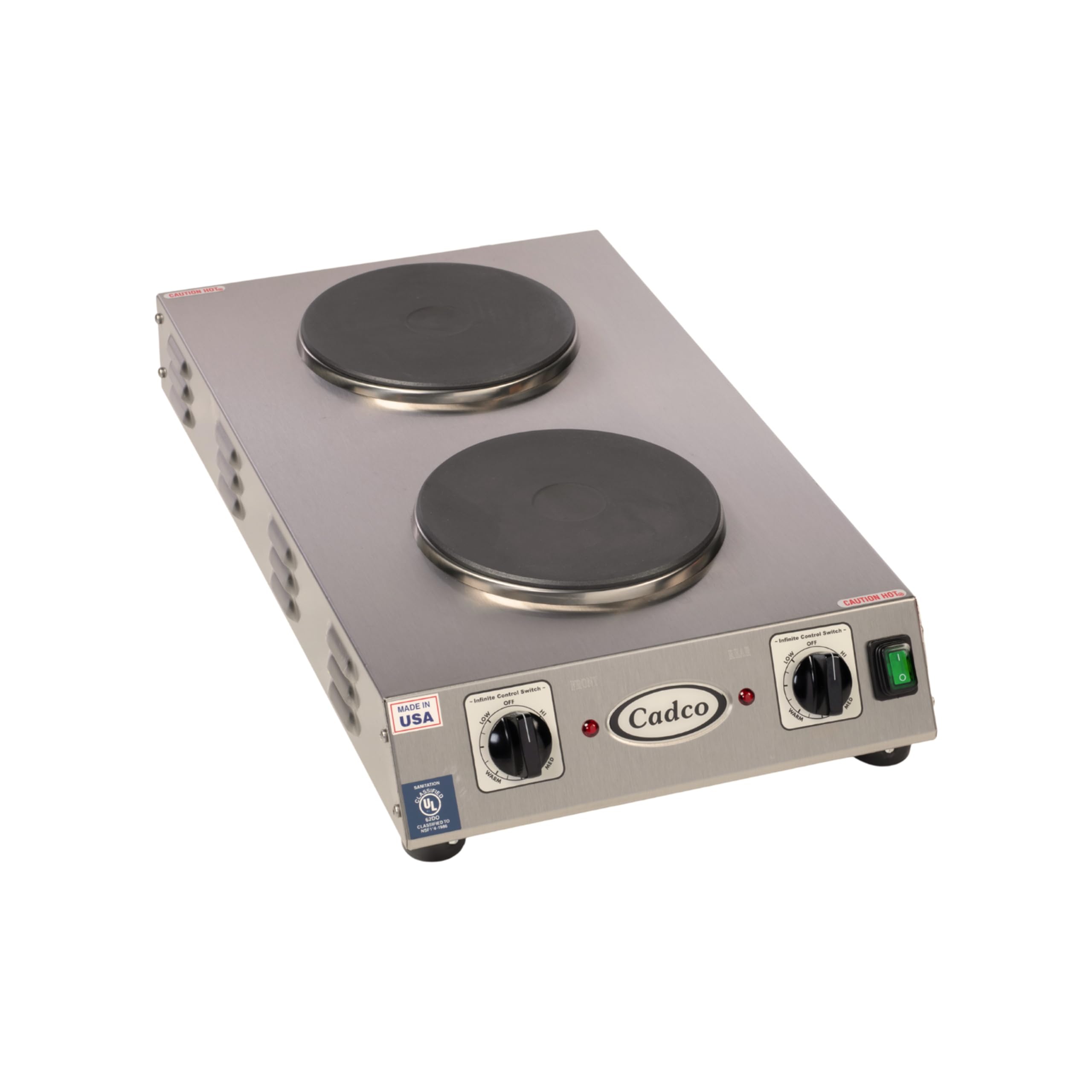 Cadco CDR-2CFB Portable Double Cast Iron Space Saver Hot Plate, Stainless Steel, 120v, For Commercial Use, 20 lbs, Heat Control,