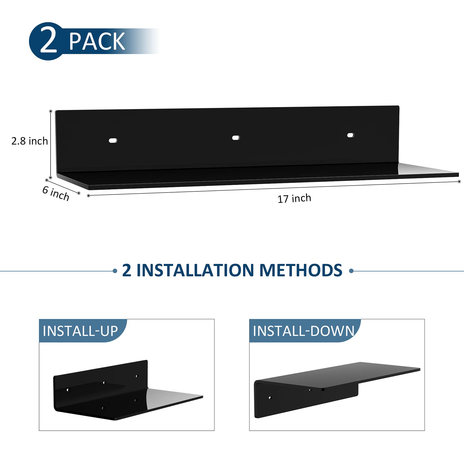 Sezanrpt 2 Pack Acrylic Wall Shelves 17 Inches, Black L Shape Floating Shelf, Acrylic Corner Shelf, Perspex Wall Display Shelves