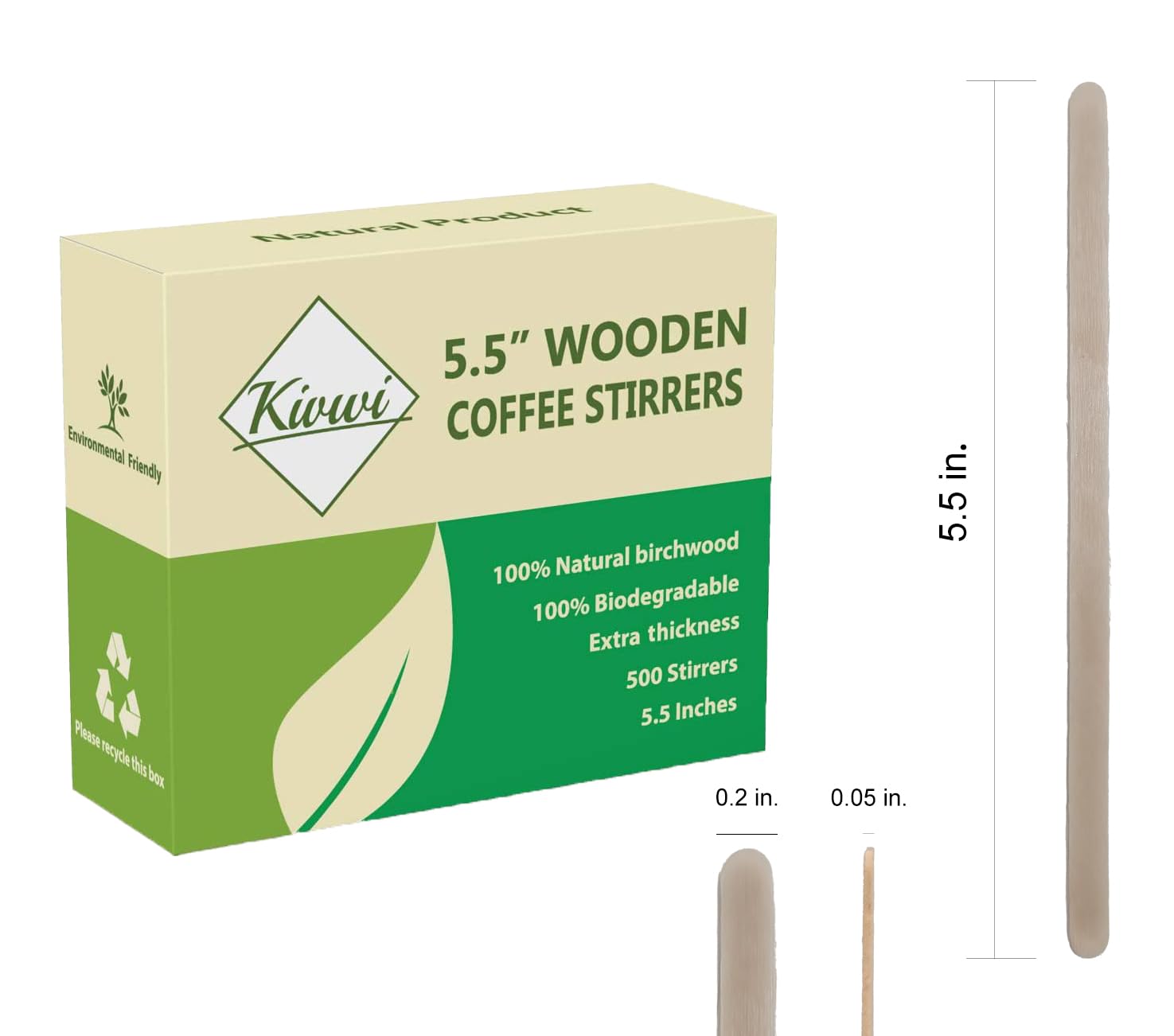 Kivwi Premium Wooden Coffee Stirrers, 5.5 Inches Stir Stick, Box Of 500