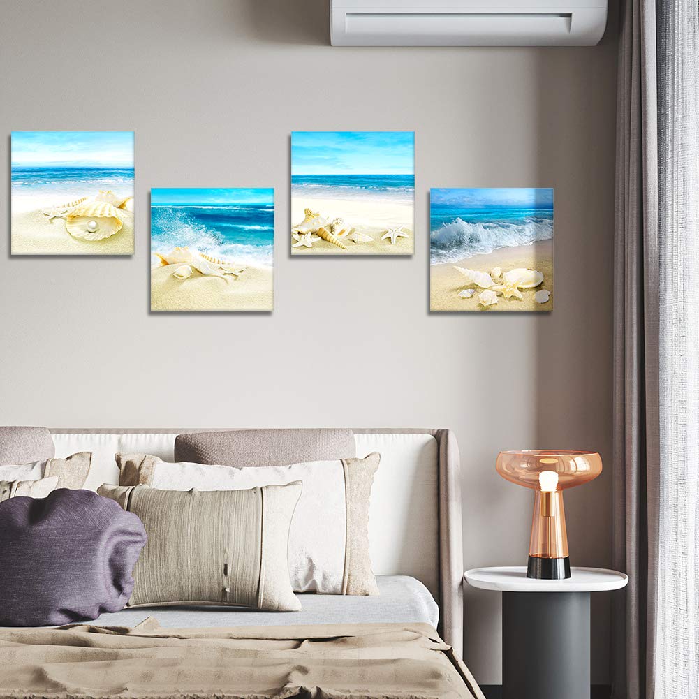 Artscope 4 Pieces Canvas Prints Wall Art - Beach Shells And Sea Picture Painting- Modern Wall Artwork Framed For Bathroom Home O