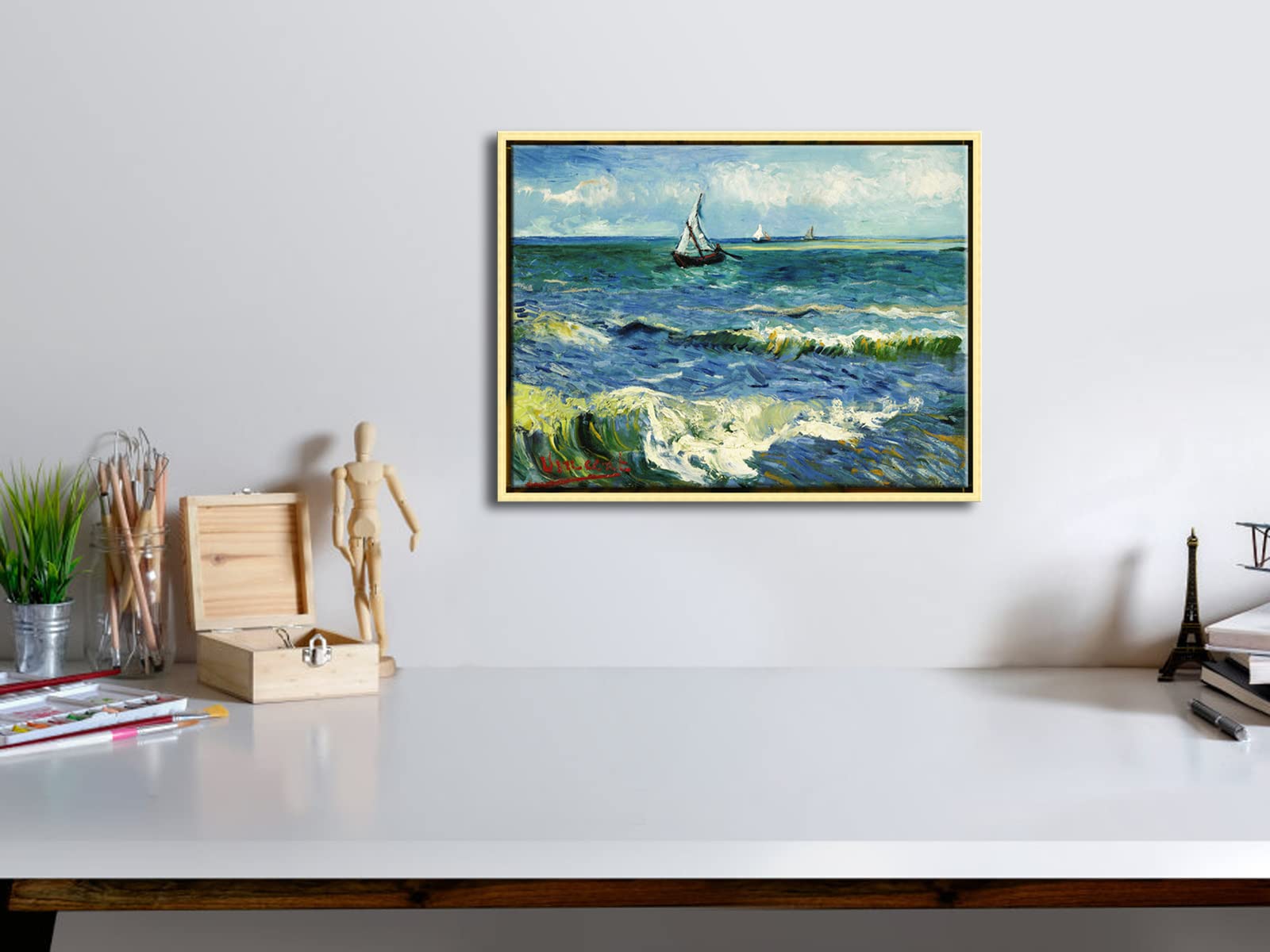 Wieco Art Framed Canvas Wall Art Seascape At Saintes Maries By Vincent Van Gogh Modern Canvas Prints Sea Pictures On Canvas Art