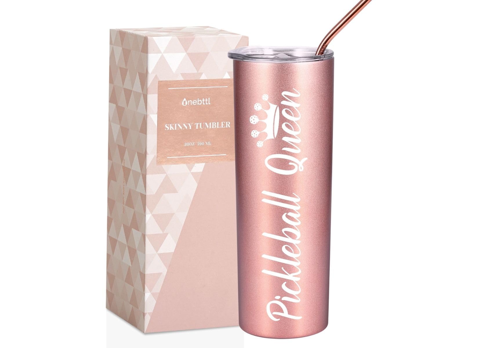 Onebttl Pickleball Gifts For Women - 20 Oz Stainless Steel Skinny Tumbler With Lid, Pickleball Queen (Rose Gold)