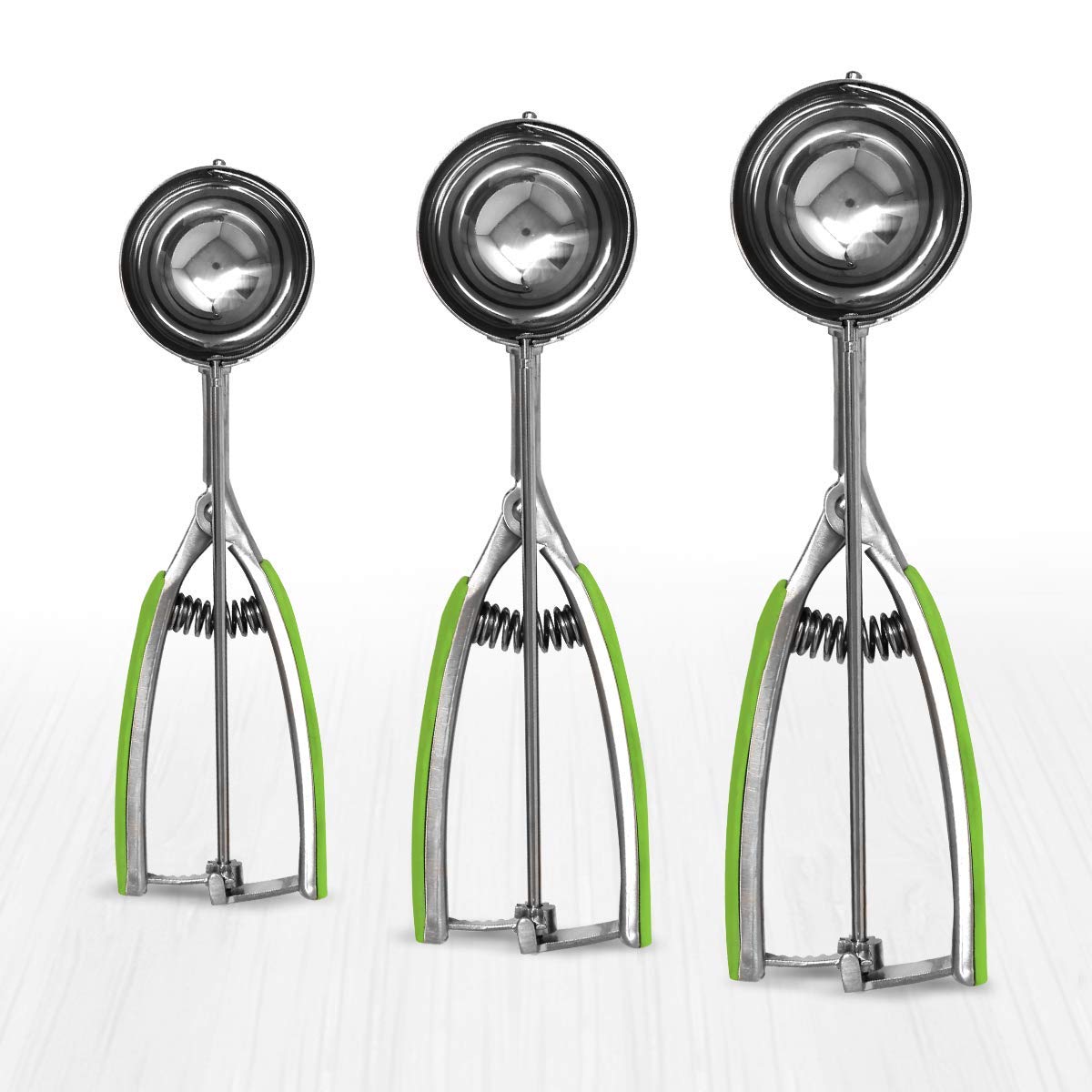 Millvado 3 Pack Stainless Steel Ice Cream And Cookie Scoops | With Green Rubber Grips - Spring Loaded Lever Design - For Sorbet,
