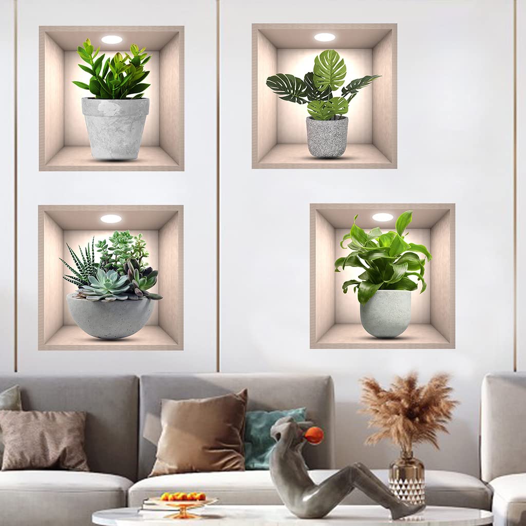 Imagitek 4 Pack 3D Green Plants Wall Stickers Botanical Plants Wall Decals For Bedroom Living Room Kitchen