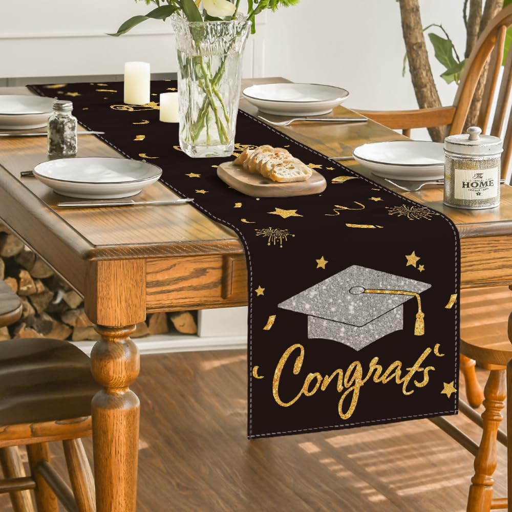 Artoid Mode Congrats Table Runner Diploma Cap, 2025 Graduation Holiday Kitchen Dining Table Runners For Home Party Decor 13 X 72