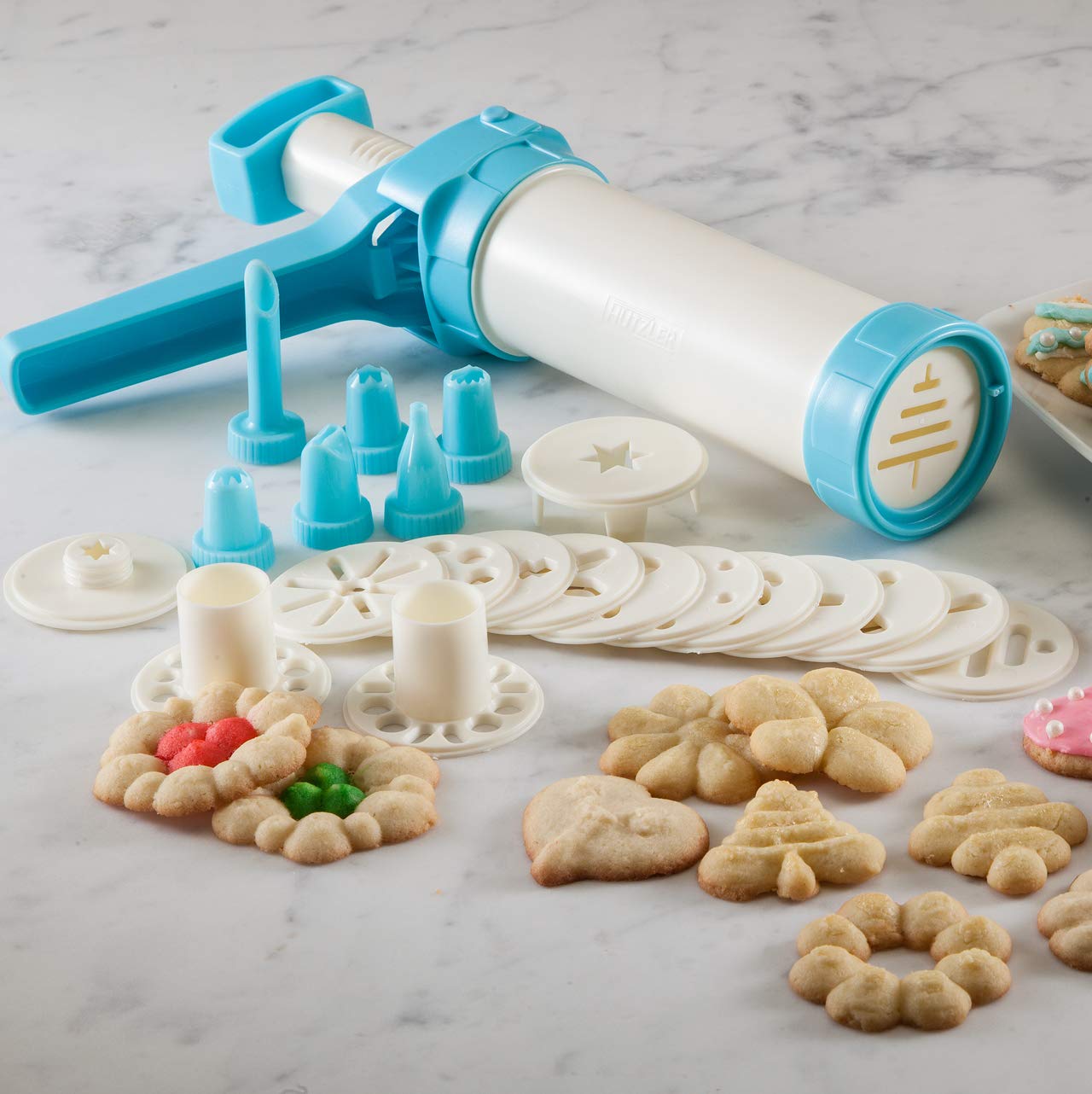 Hutzler Easy Action Cookie Press And Food Decorator, One Size, White/Turquoise