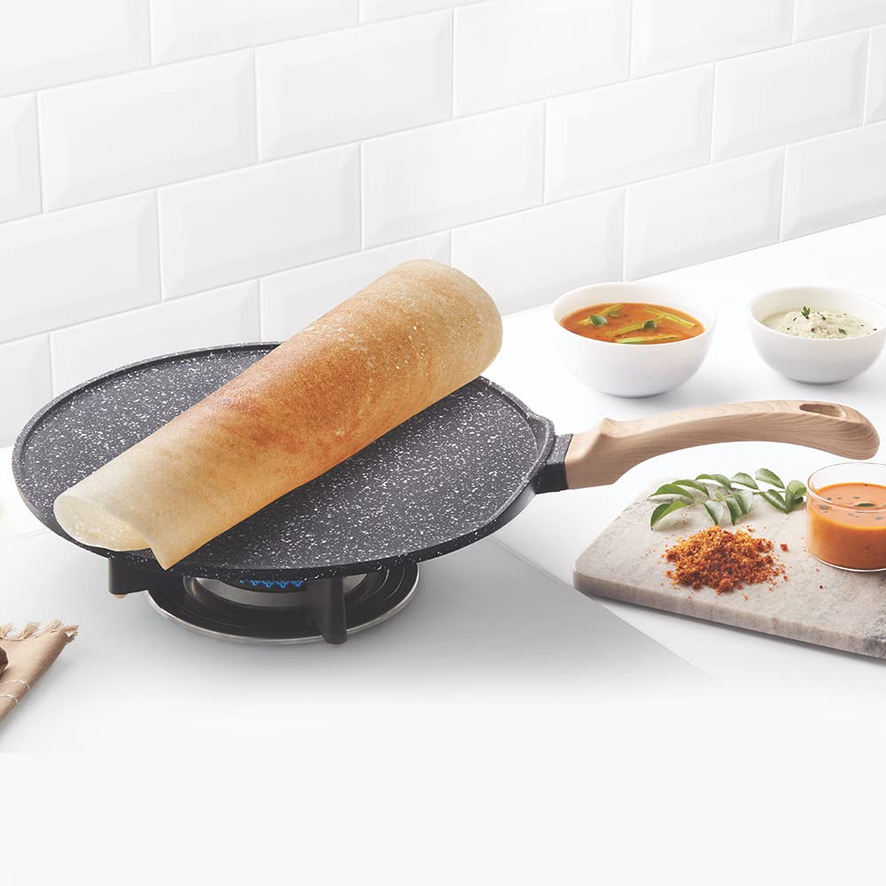 Borosil Vajra Die-Cast Non-Stick Aluminium Flat Tawa, For Rotis & Parathas, Black With Wood-finish Handles, 300 mm Wide, 5 mm Th