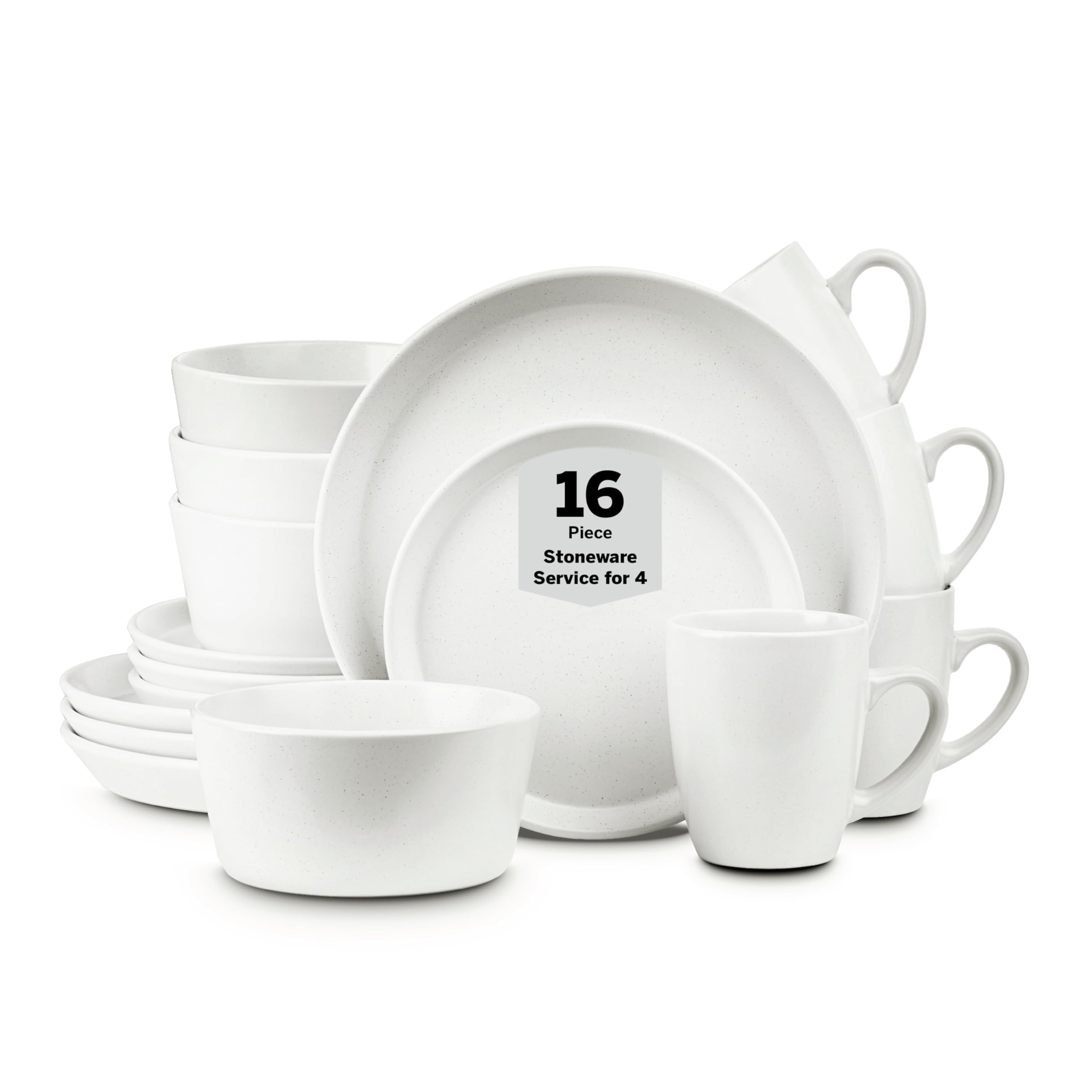 Stone Lain Albie Stoneware 16-Piece Modern Dinnerware Set, Kitchen Plates and Bowls Sets, Dish Set for 4, White
