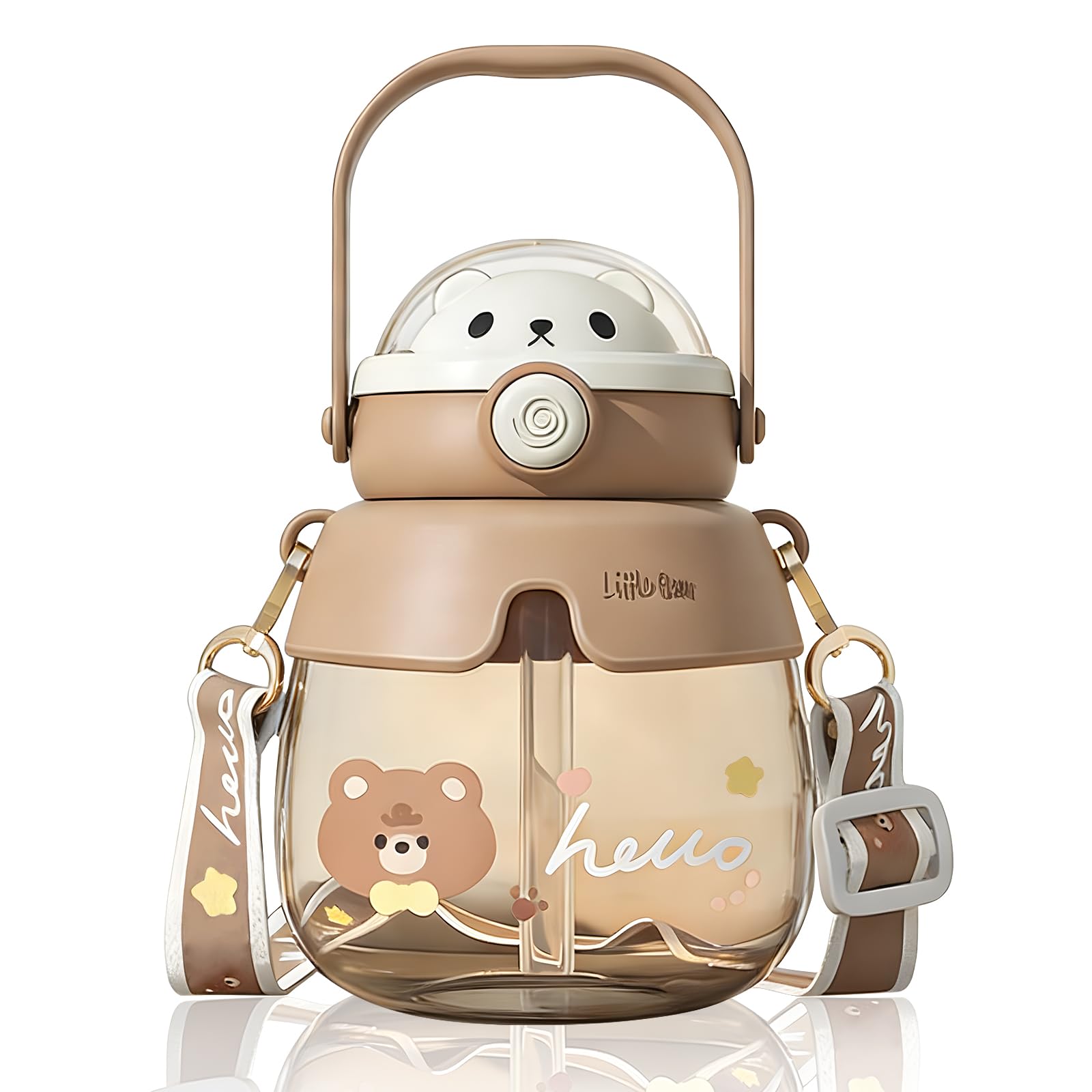 hisptgo 30oz Big Belly Cup Cartoon Bear Water Bottle, Stylish HighCapacity Portable Straw Cup, Student Plastic Cup (Coffee Brow