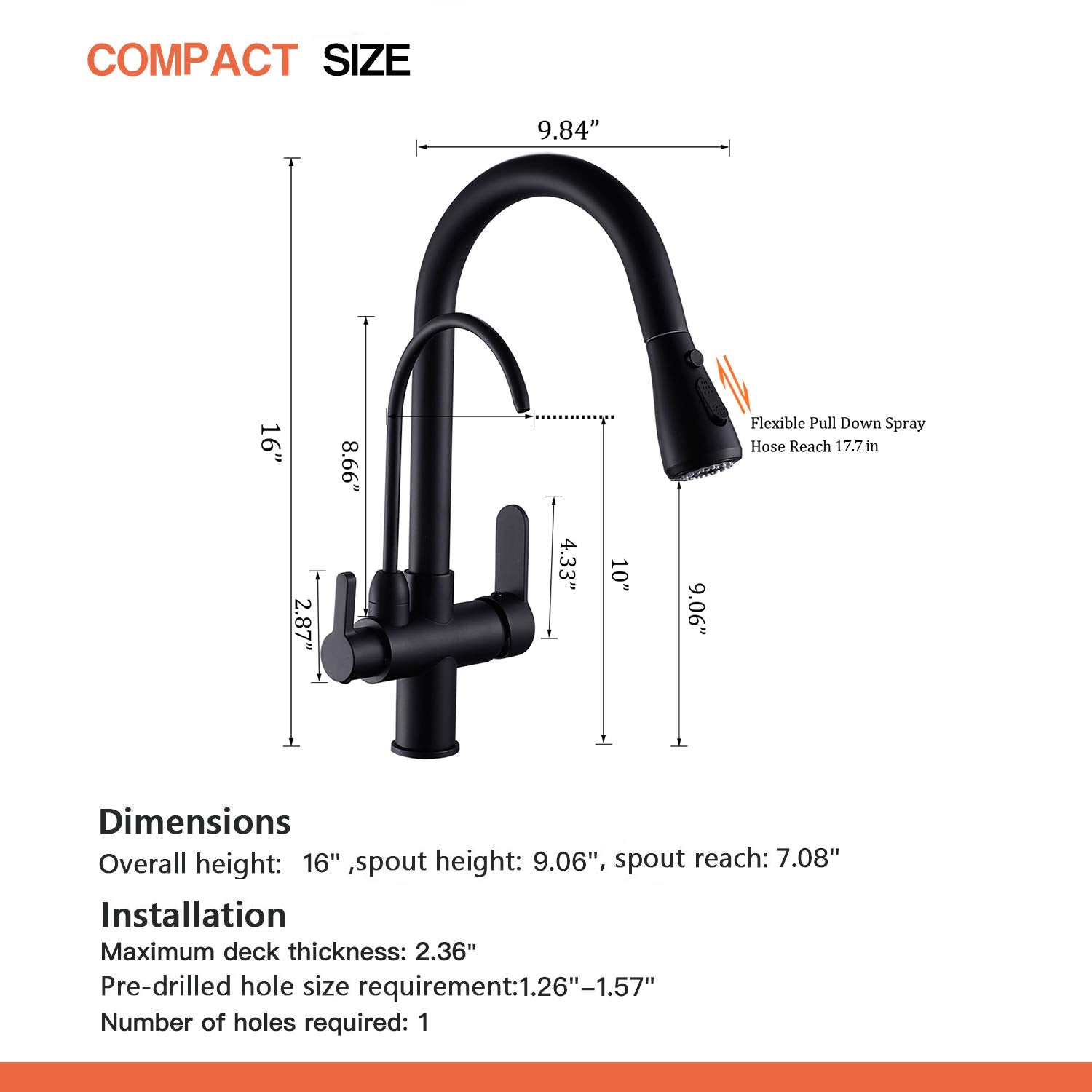 Wanfan Kitchen Sink Faucet With Pull Down Sprayer 2 Handle 3 In 1 Water Filter Purifier Faucets Black 0195R
