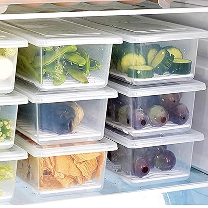 Bimex Fridge Organizer Boxes Set Of 4, With Drain Plate 1500Ml Refrigerator Storage Containers With Blue Lids & Stackable Design