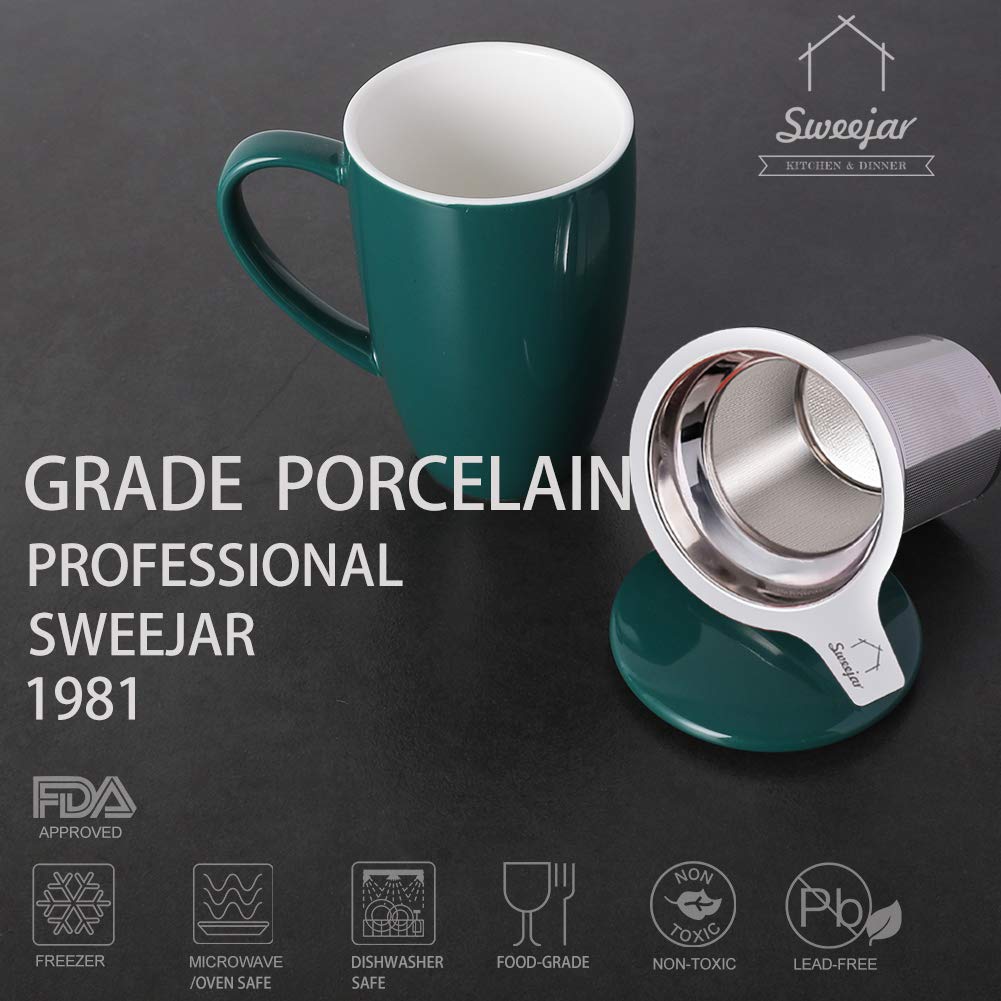 Sweejar Porcelain Tea Mug With Infuser And Lid,Teaware With Filter, Loose Leaf Tea Cup Steeper Maker, 16 Fl Oz For Tea/Coffee/Mi