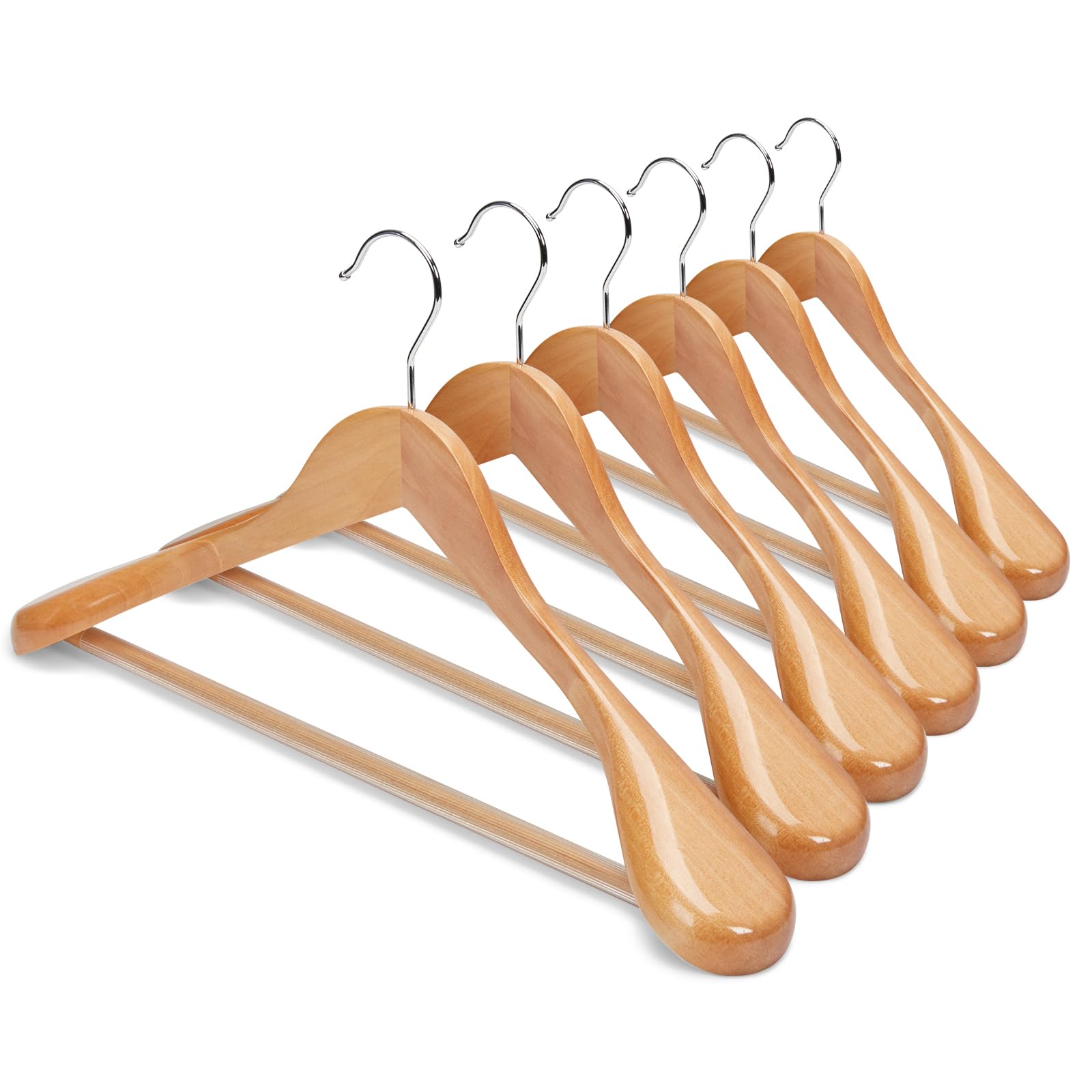 HOUSE DAY Wide Shoulder Wooden Hangers  Suit Hangers with Non Slip Pants Bar  Smooth Finish 360? Swivel Hook High-Grade Solid Wood Coat Hangers for Dress  Jacket  Heavy Clothes Hanger 6 Pack (Natural)