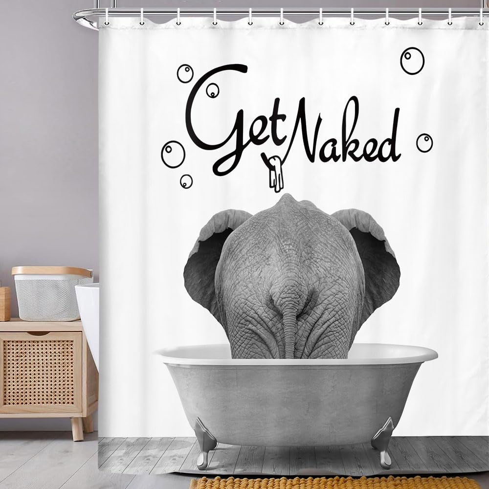 Uokiuki Get Naked Fabric Shower Curtain, Funny Animal Elephant Bathing In The Bathtub Shower Curtain For Bathroom, Cute Bath Cur