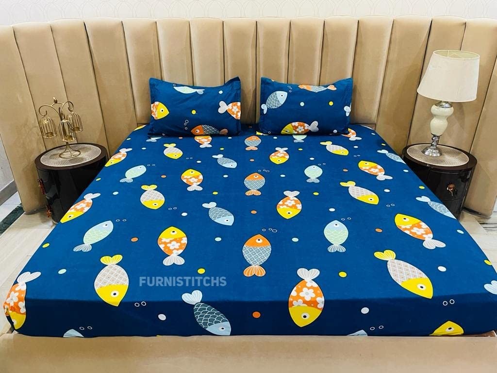 Furnistitchs Kids Nursery Prints King Size Bed Cover Elastic Fitted Bedsheet With 2 Pillow Covers 240 X 260 Cms, Dinosaur (Blue 