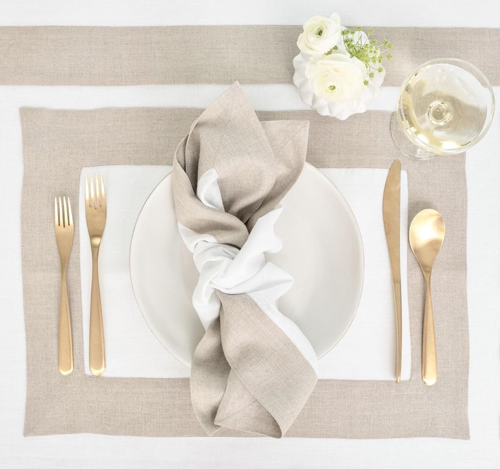 Solino Home Linen Dinner Napkins 20 X 20 Inch - 100% Pure Linen Natural And White Cloth Napkins Set Of 4 - Contempo, Handcrafted