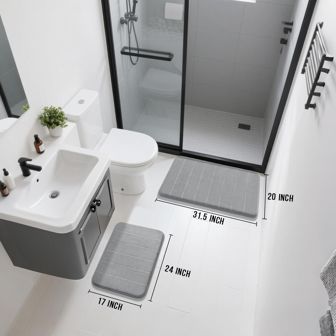 Yimobra Memory Foam Bath Mat Set  Non Slip Super Water Absorption Soft Bathroom Rugs  Thick  Dry Fast  Machine Washable for Bathroom Floor Mat  17x24+31.5x19.8 Inches  Gray