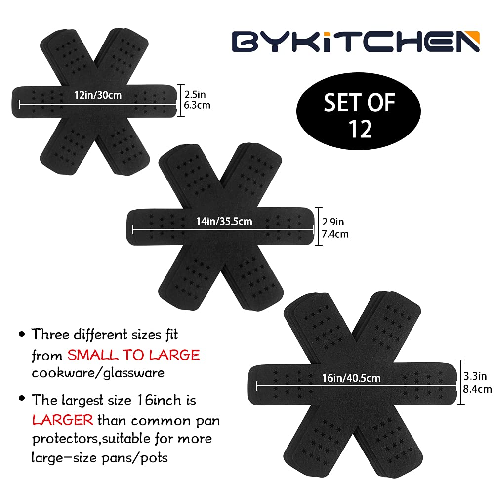 Bykitchen Pan Protector With Stars, Set Of 12 And 3 Different Sizes, Black Pan Separators, Felt Pot Protectors For Stacking And