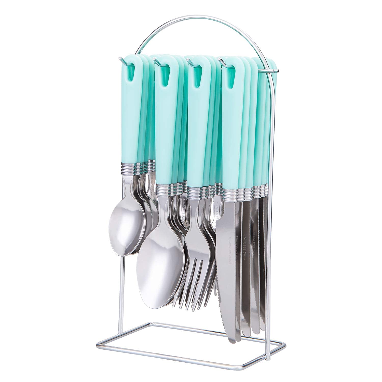 Cutiset 25 Piece Stainless Steel Flatware Set With Hanging Caddy (Green, 25-Piece)