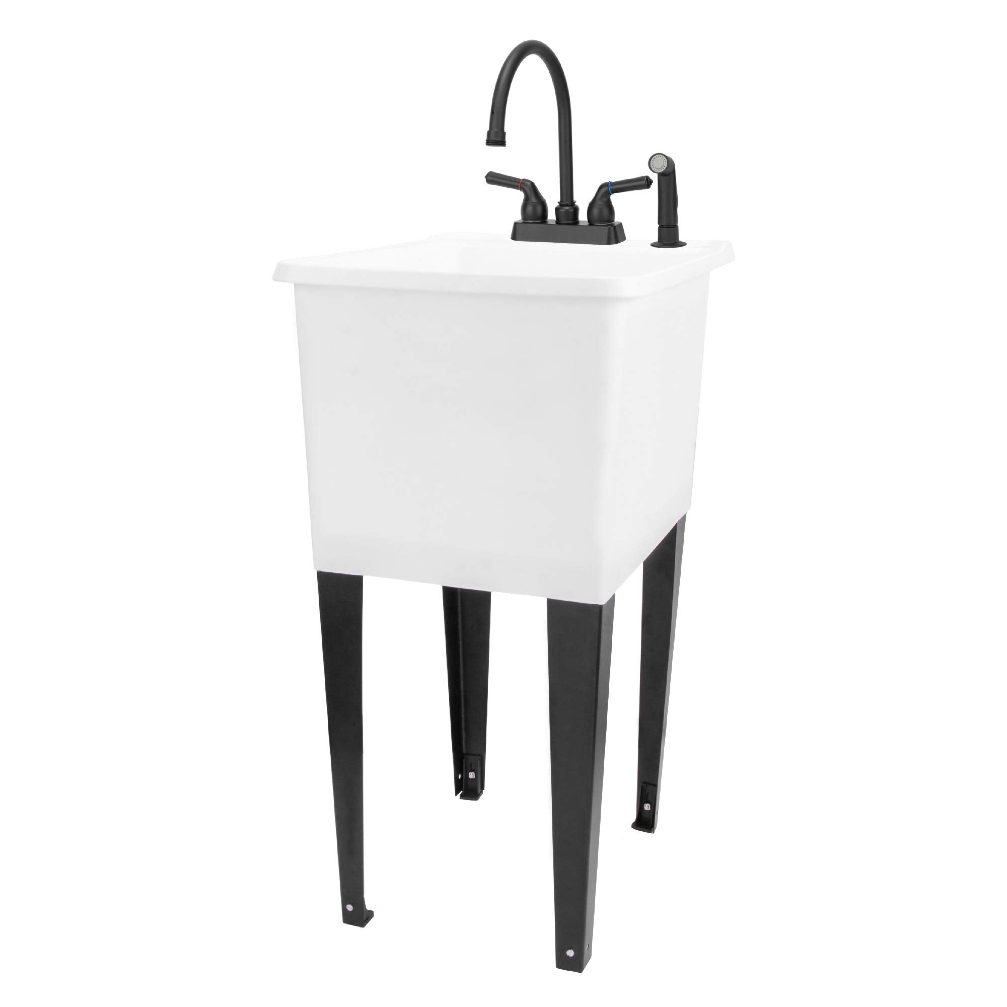 White Space Saver Utility Sink By Js Jackson Supplies, Freestanding Tehila Space Saving Laundry Tub, Matte Black Gooseneck Fauce