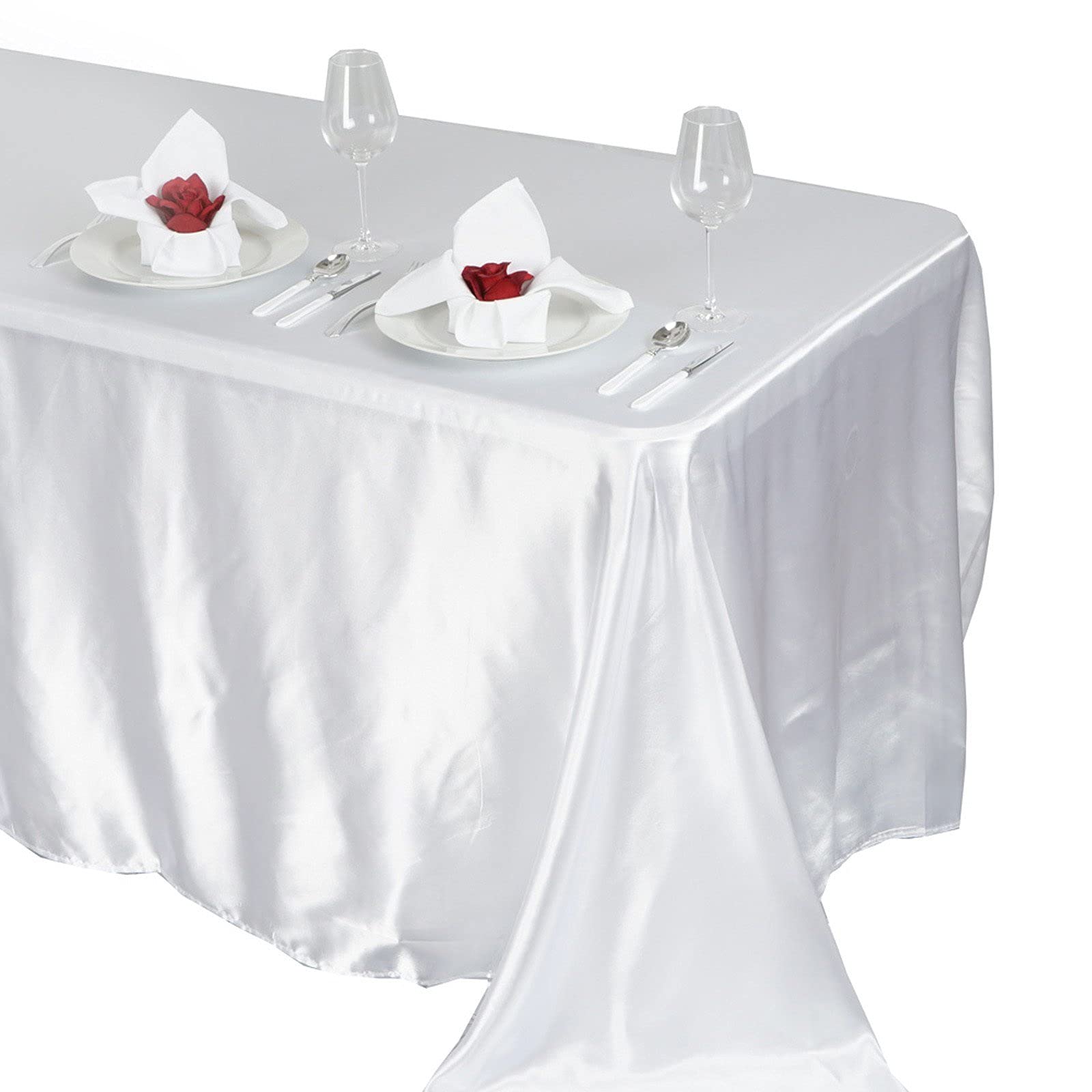 Balsacircle 90X132 Inch White Satin Rectangle Tablecloth Table Cover Linens For Wedding Table Cloth Party Reception Events Kitch