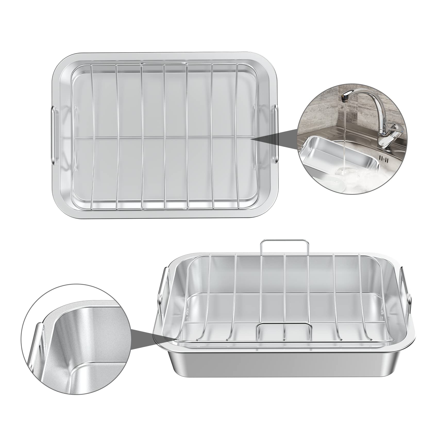 Onlyfire Roasting Pan With U-Rack - Stainless Steel Barbecue Bakeware Roaster, 16 Inch Rectangular Turkey Roaster Lasagna Pan Fo