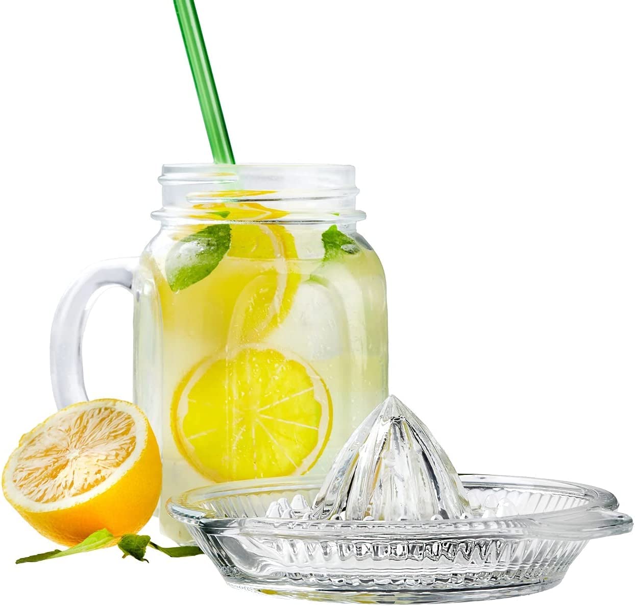 DUHALINE Lemon Squeezer  Portable Citrus Juicer  Crystal Reamer Manual Juicer with Handle and Spout for Fresh Juice  Lime Orange  Heavy Clear Glass