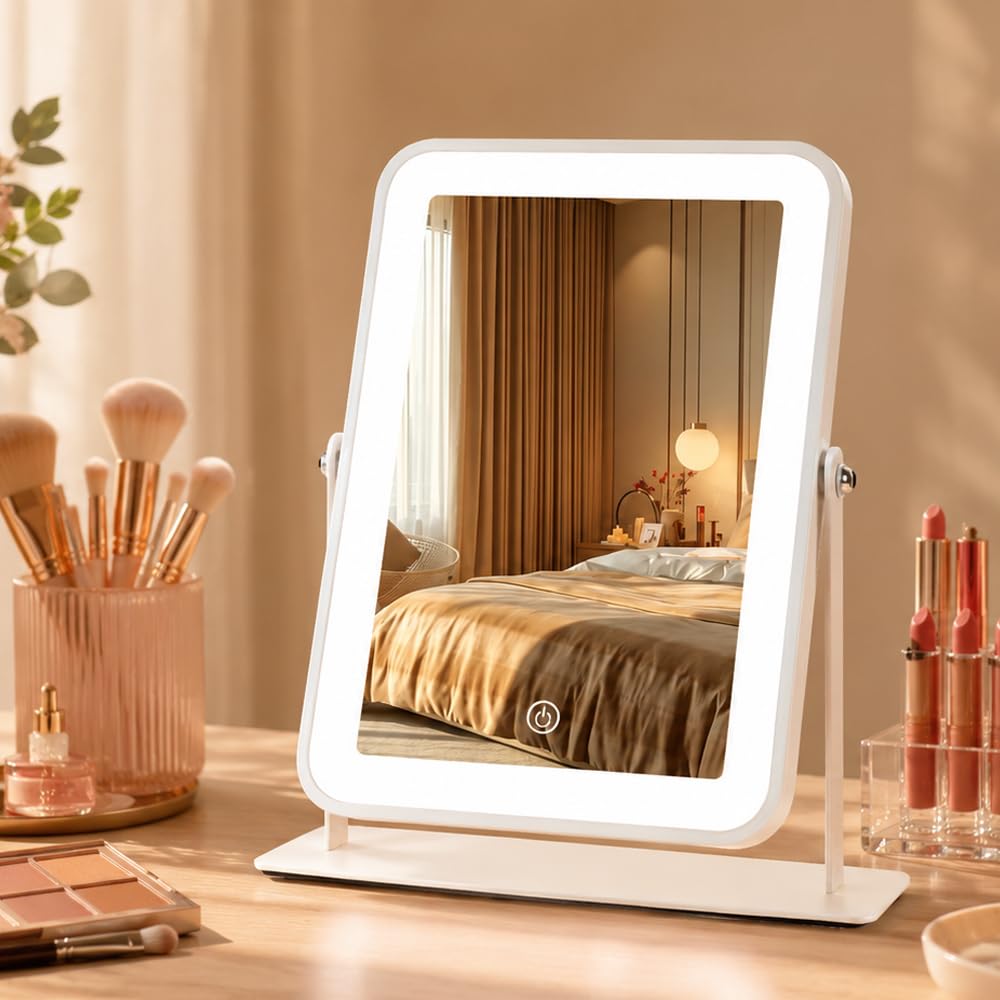 LAKFUES 9x11 Rechargeable Desktop Makeup Mirror with LED Lights, Adjustable Brightness Lighted Vanity Mirror, Tabletop Mirror fo