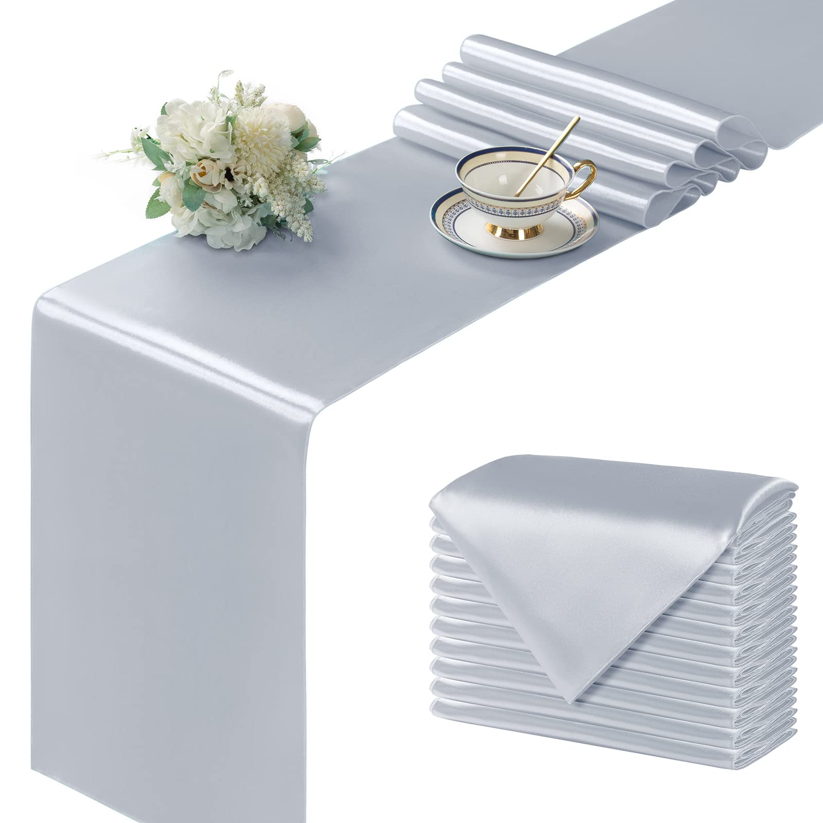 Manyshofu 12Pcs Satin Grey Table Runner - 12 X 72 Inch Long Size, Party Table Runner Decor Bright & Smooth Wedding Decorations T