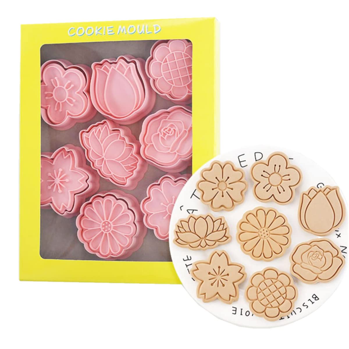 Flower Cookie Cutters,Plastic Daisy Cookie Stamps,3D Rose Cookie Moulds For Baking,Cookie Mould Press Lotus Cookie Press Set Kit
