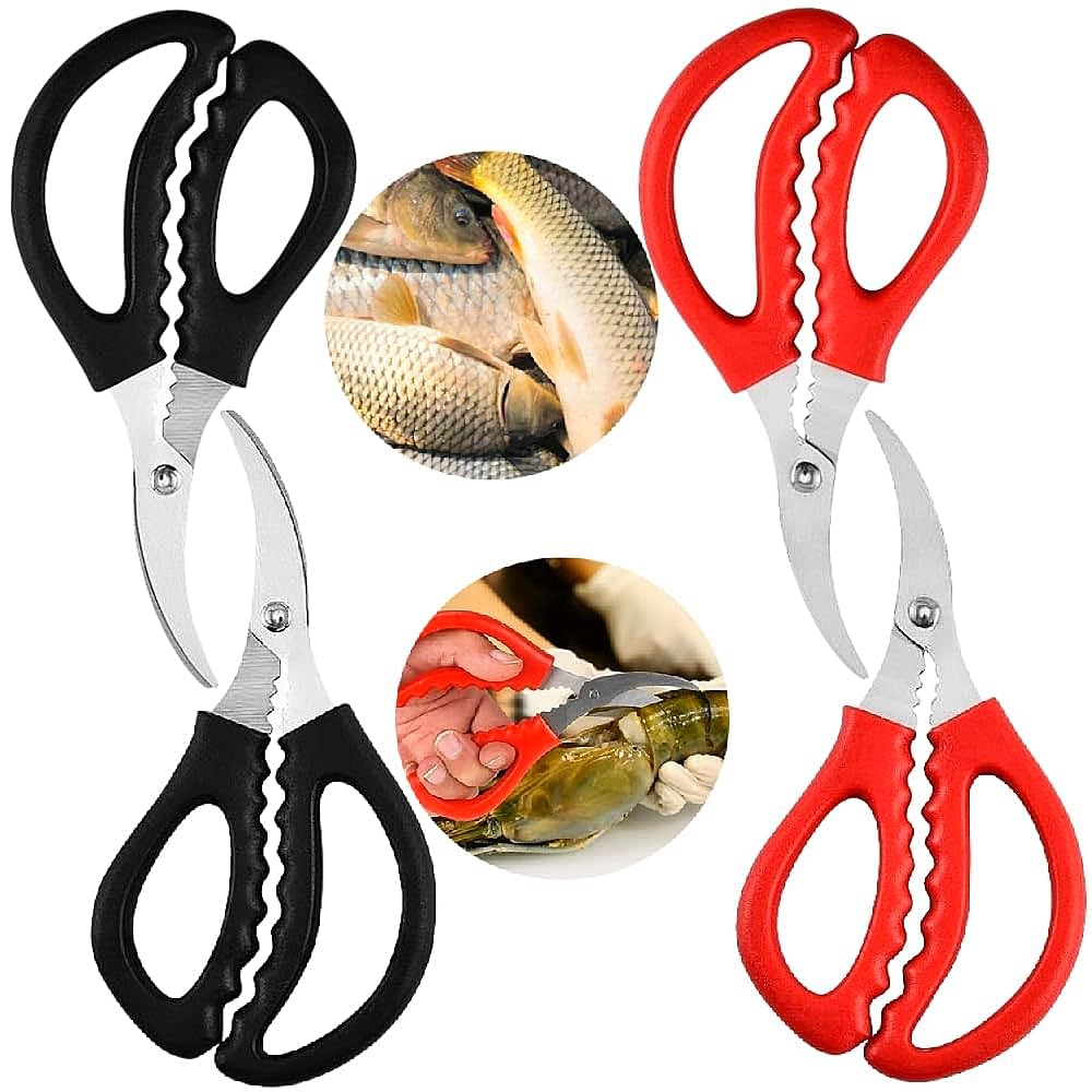 4 Pcs Seafood Scissors For Kitchen Multifunctional Seafood Fish Crab Shrimp Lobster Scissors Stainless Steel Shears,Red And Blac