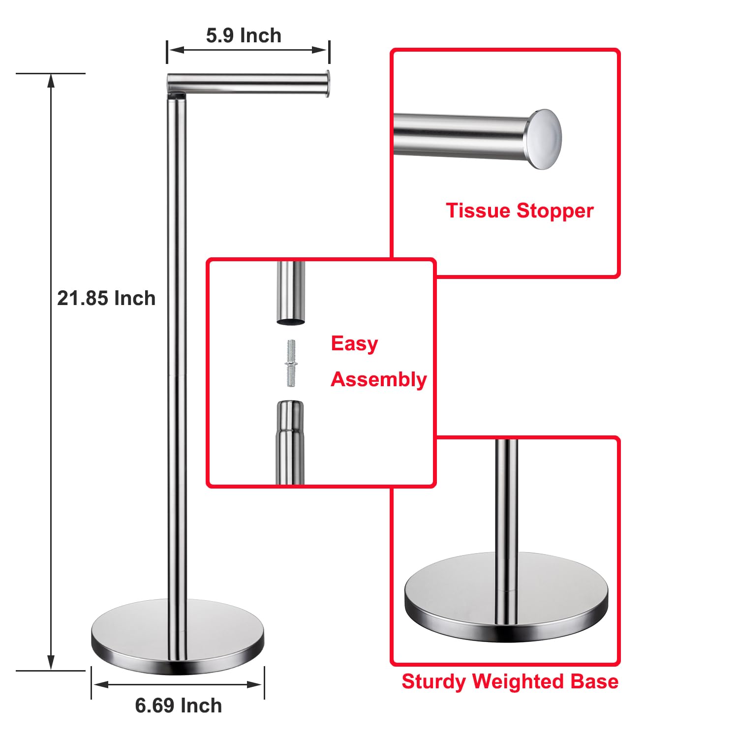 Welllink Toilet Paper Holder Stand, Floor Standing With Heavy Weighted Base - Holds 4 Rolls, Polished Chrome Bathroom Tissue Org