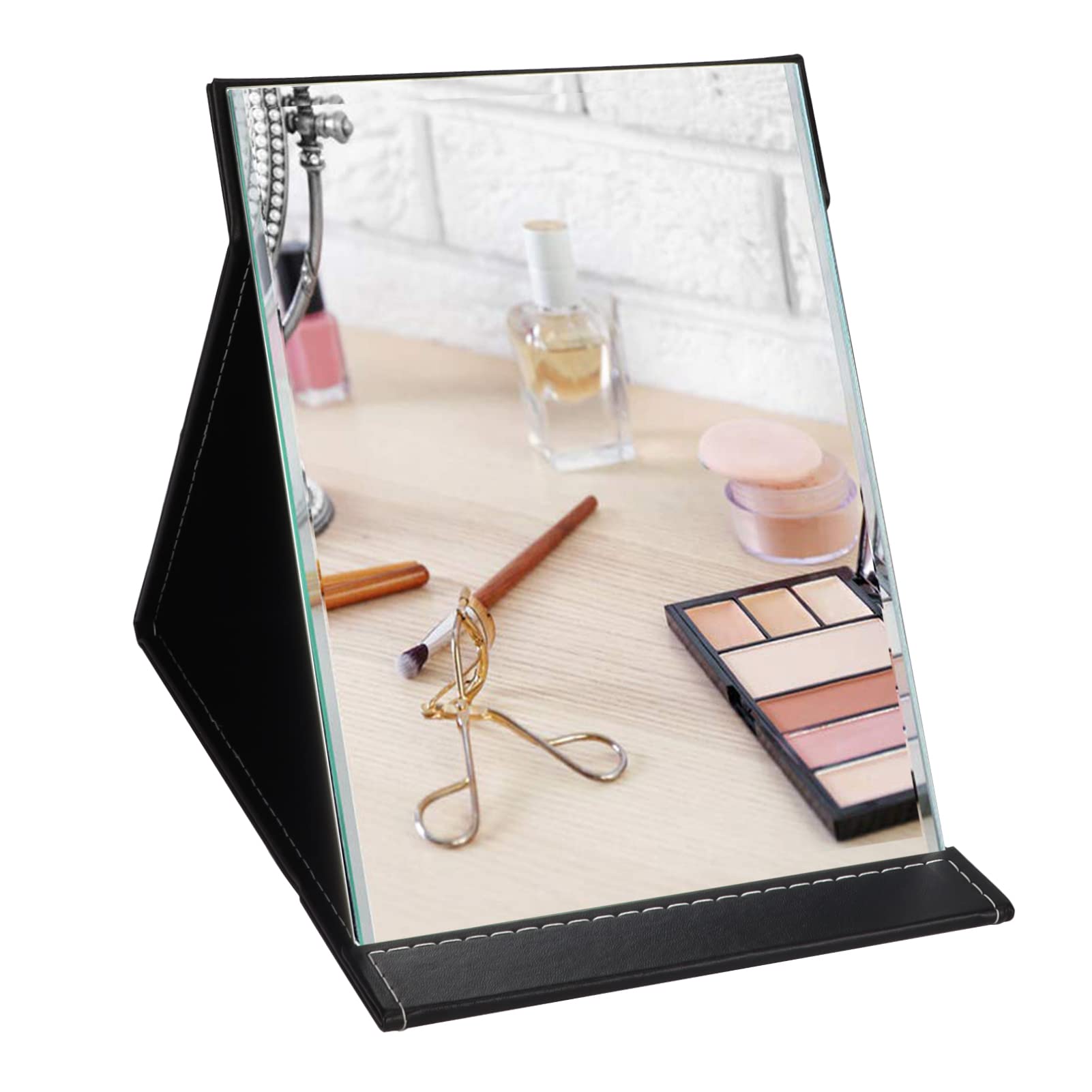 ZBEIVAN 10x7 Inches Portable Folding Makeup Mirror with Cosmetic Desktop Standing for Travel  Vanity Table  Room Decor  Beauty Gifts  Black