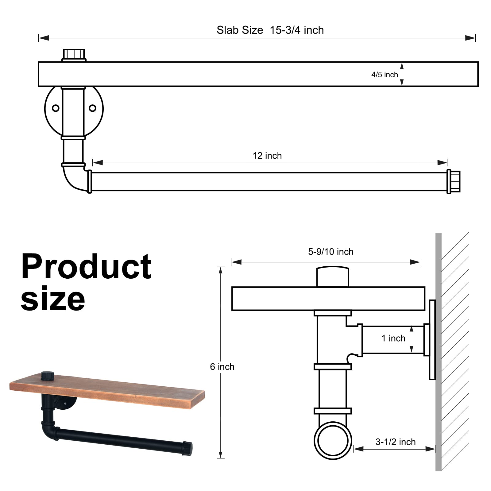 HouseAid Industrial Pipe Paper Towel Holder with Shelf  Rustic Farmhouse Paper Towel Rack for Bathroom  Kitchen  Wall Mounted  Matte Black