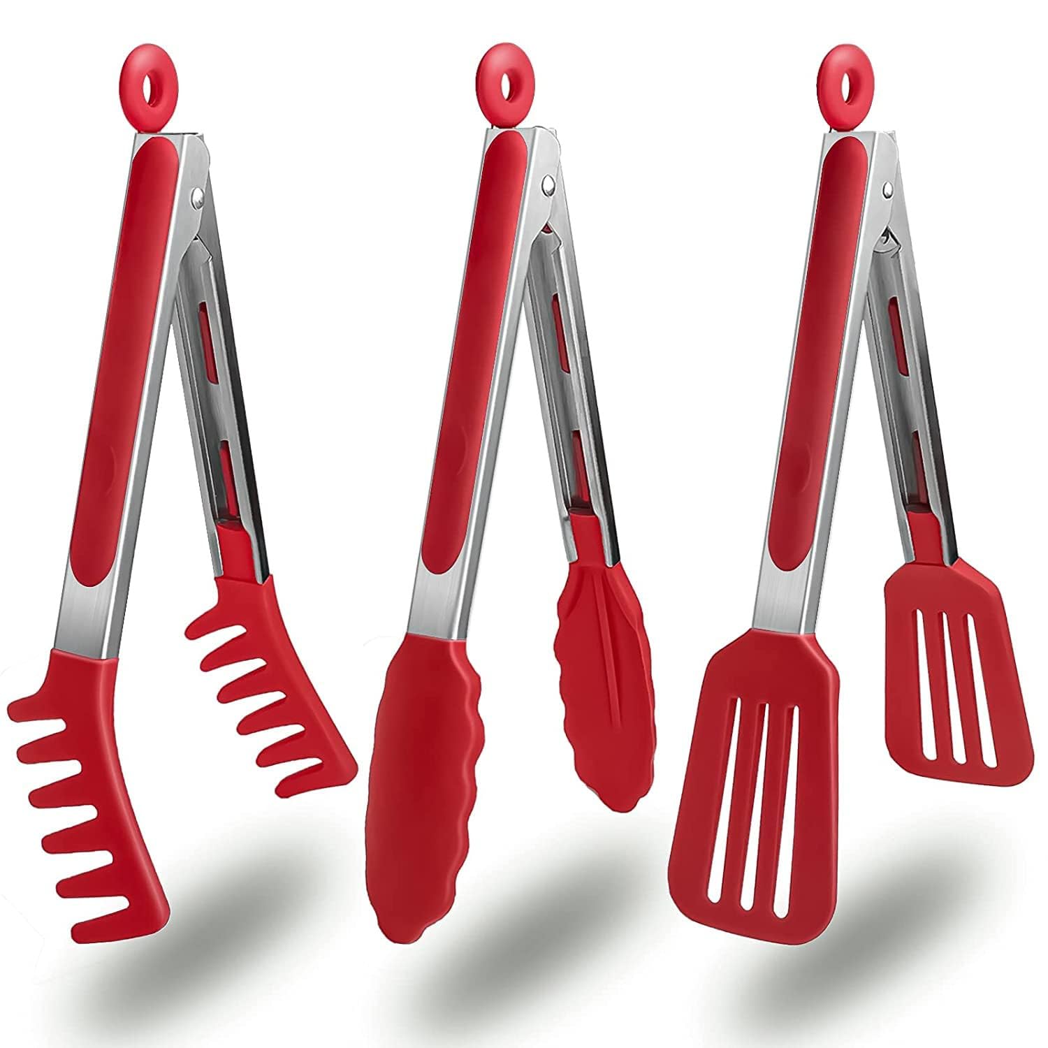 Zeuterstainless Steel Kitchen Tongs Set By Zeuter, NonStick Heat Resistant 9 And 12Inches Utility Tongs With Red Silicone Tips