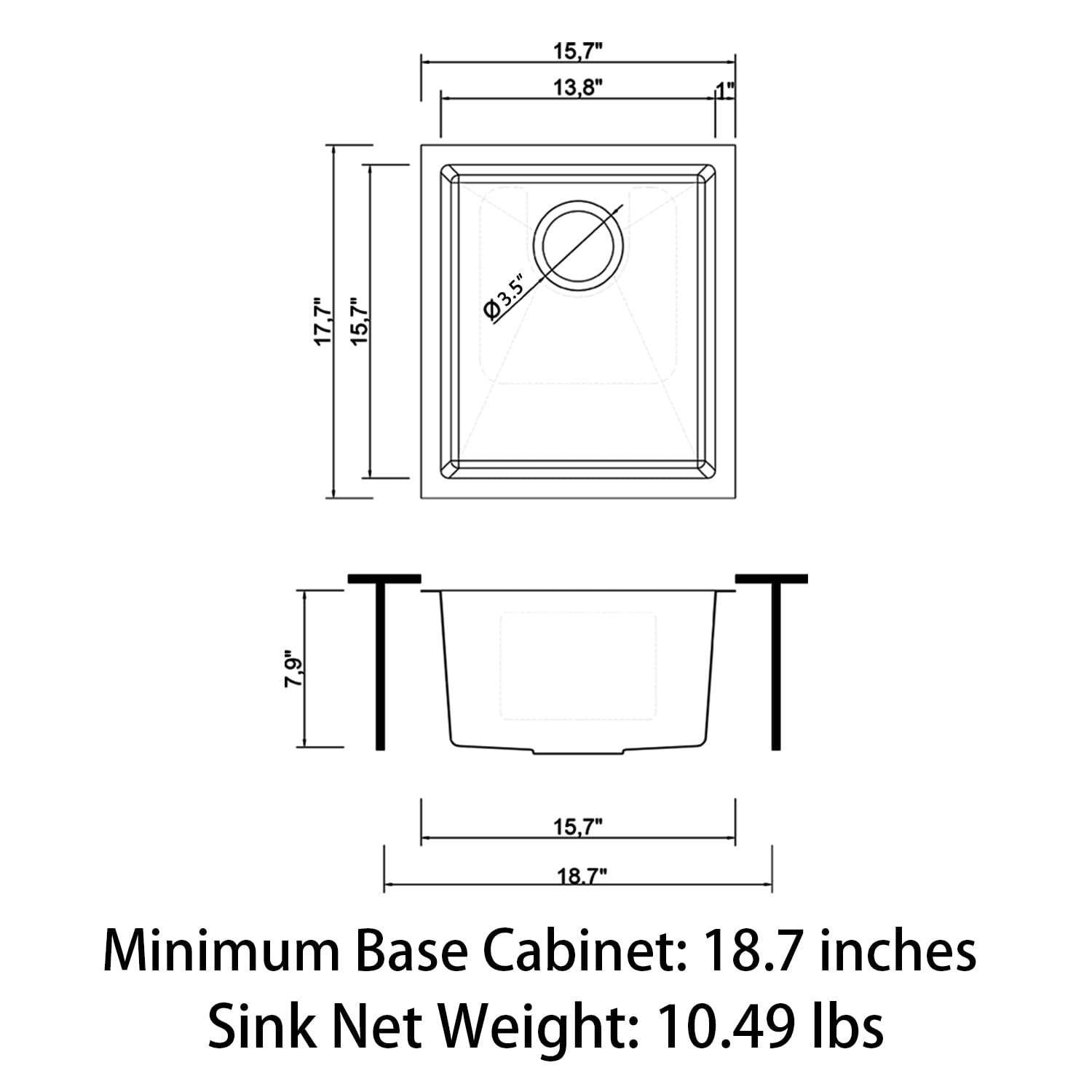 Sinber 16'' X 18'' X 8'' Undermount Single Bowl Kitchen Sink With 18 Gauge 304 Stainless Steel Satin Finish Hu1517S-S (Sink Only