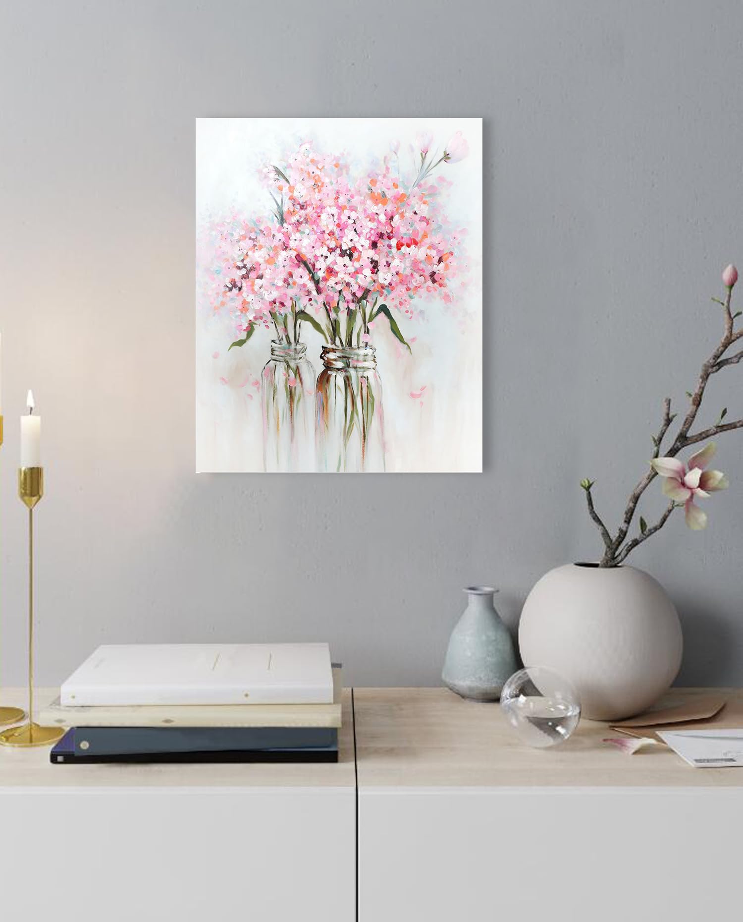 Ypy Pink Flowers Canvas Wall Art: Abstract Bouquet In Vase Artwork Prints For Teen Girl Bedroom Pink Floral Picture Poster Bathr