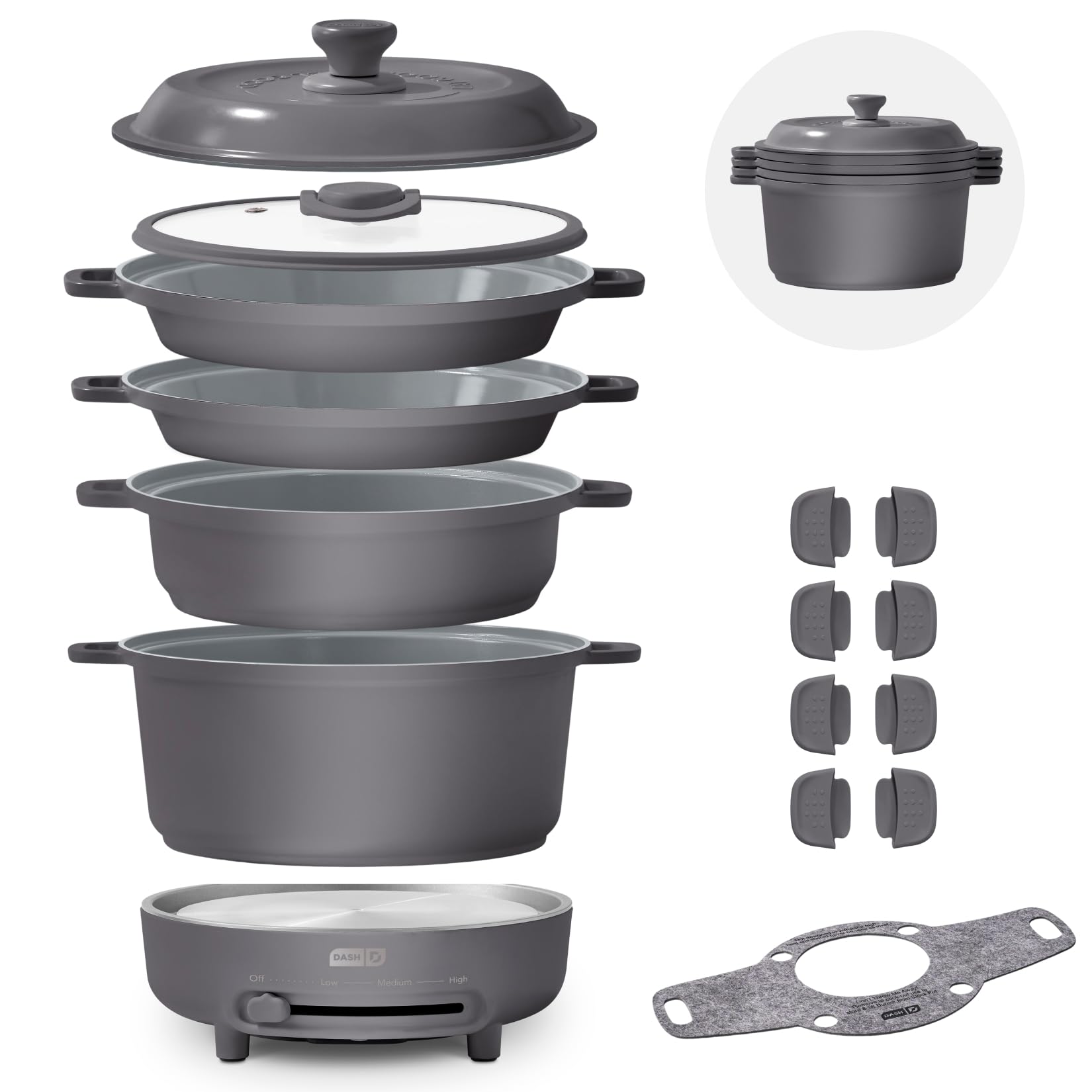 Dash Stacks 16Piece Ceramic Nonstick Cookware Set with Electric Burner, Pots and Pans Set, Stackable Nesting Kitchen Pots and P
