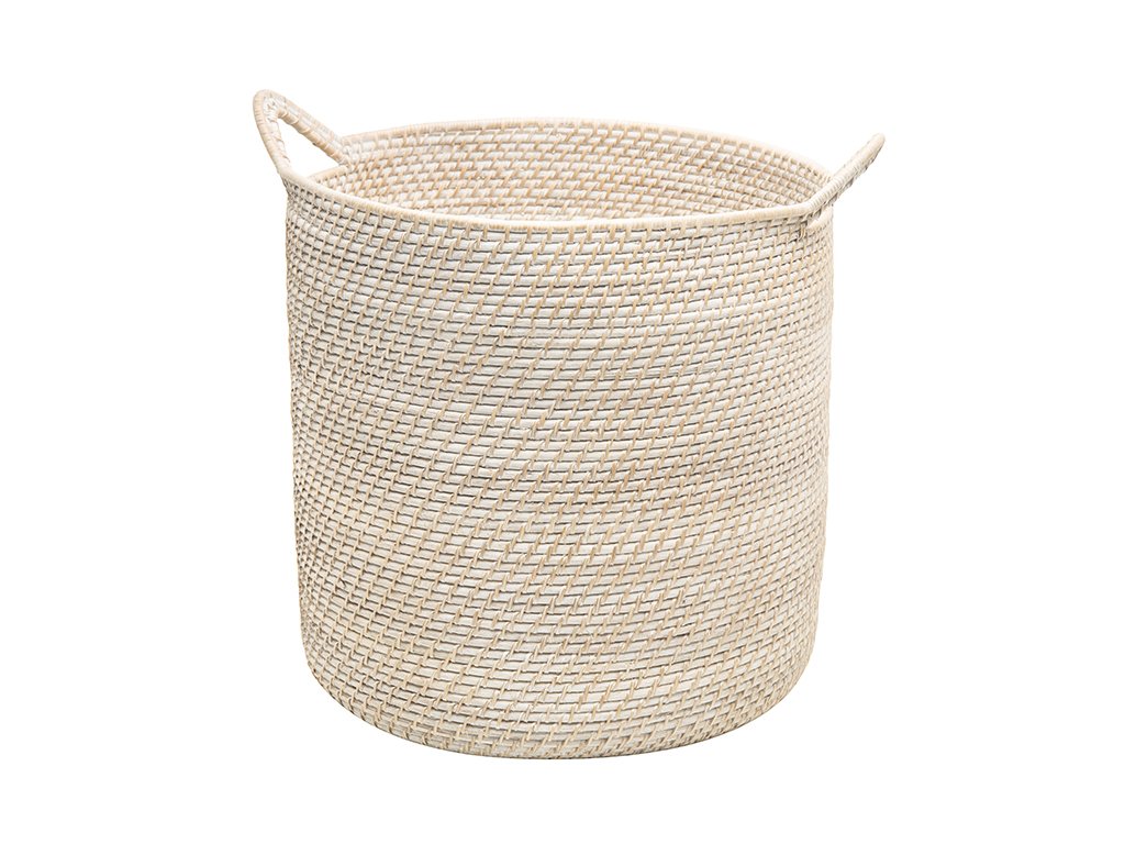 Kouboo Laguna Round Ear Handles, White-Wash Rattan Storage Basket